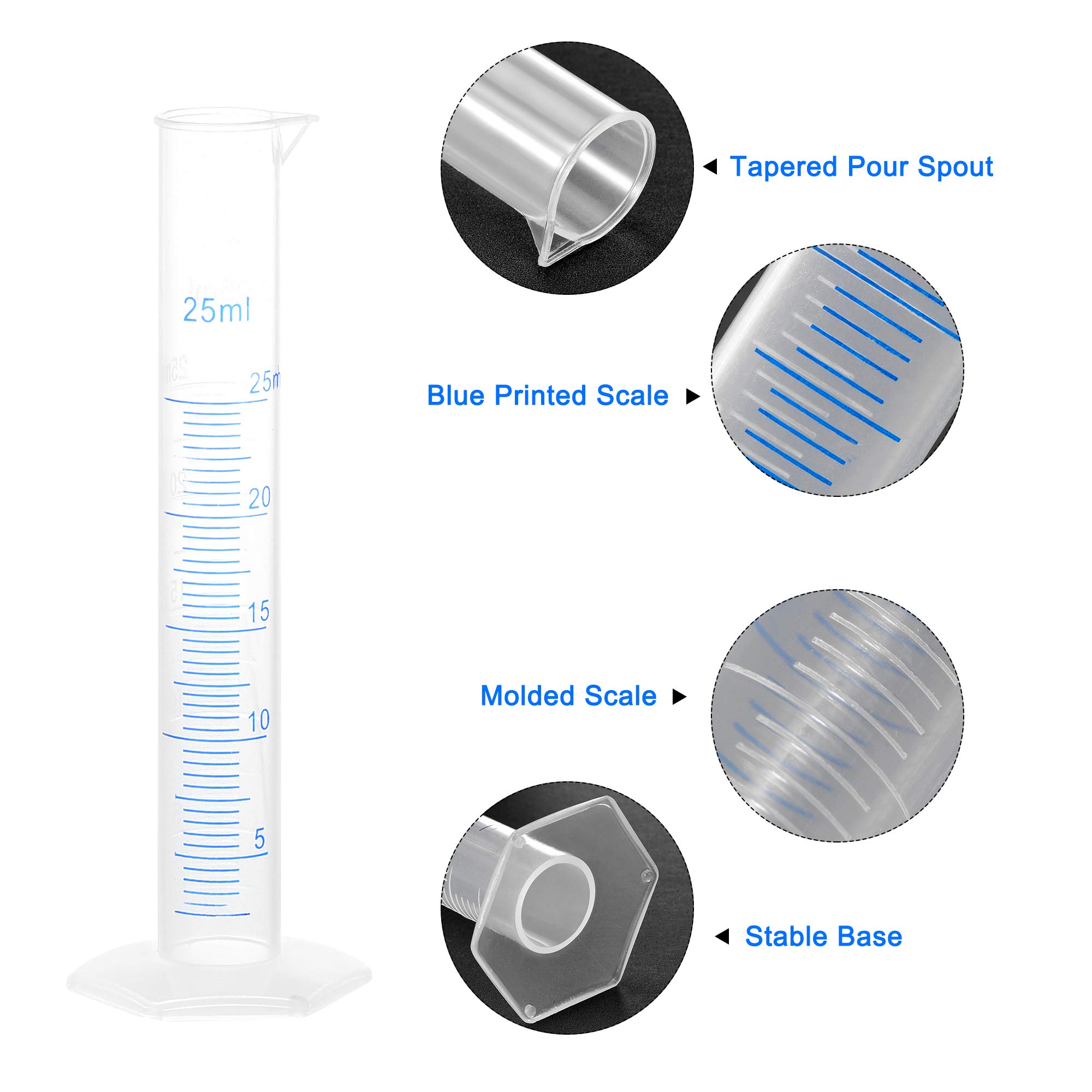 Cilindro Graduado de Plástico 25ml Medicion Ciencia Laboratorio Hexagonal Base 4uds