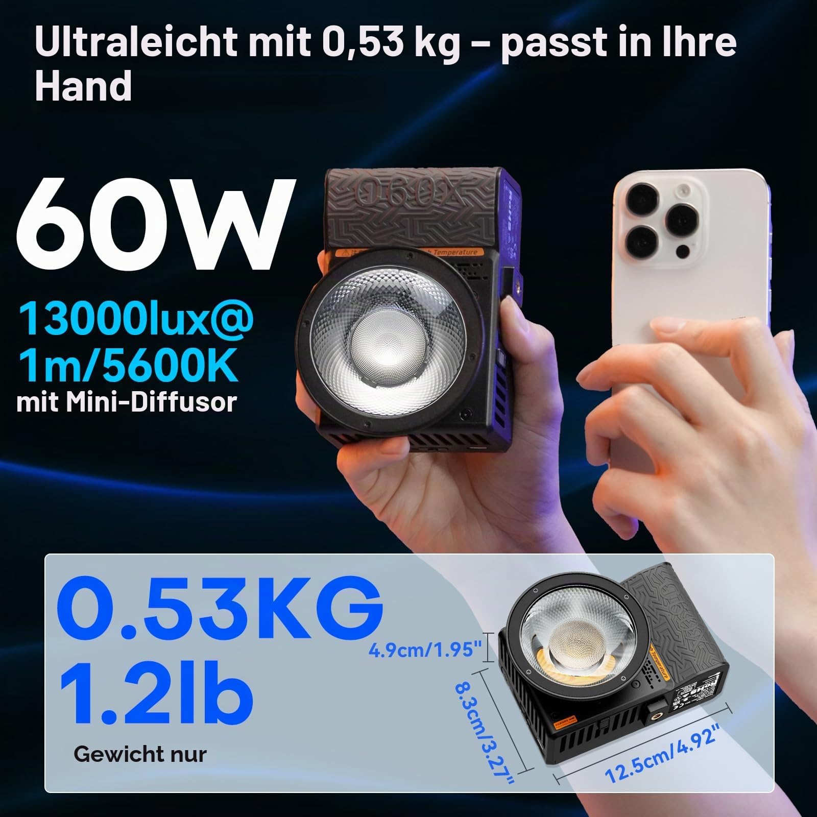 SIRUI C60X 60W LED Tragbares Fotolicht Videolicht Ultra-Leise (24.9dB), 0.53KG Kompakt, 2H Schnellladung, 13.000 Lux, Bluetooth-Steuerung für Studio/Outdoor-Videobeleuchtung