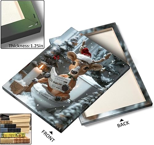 Miniatura 2 de Arte de pared de Navidad para baño, lindo animal de lectura de renos, periódico en el inodoro, impresiones estéticas de invierno, póster de pintura