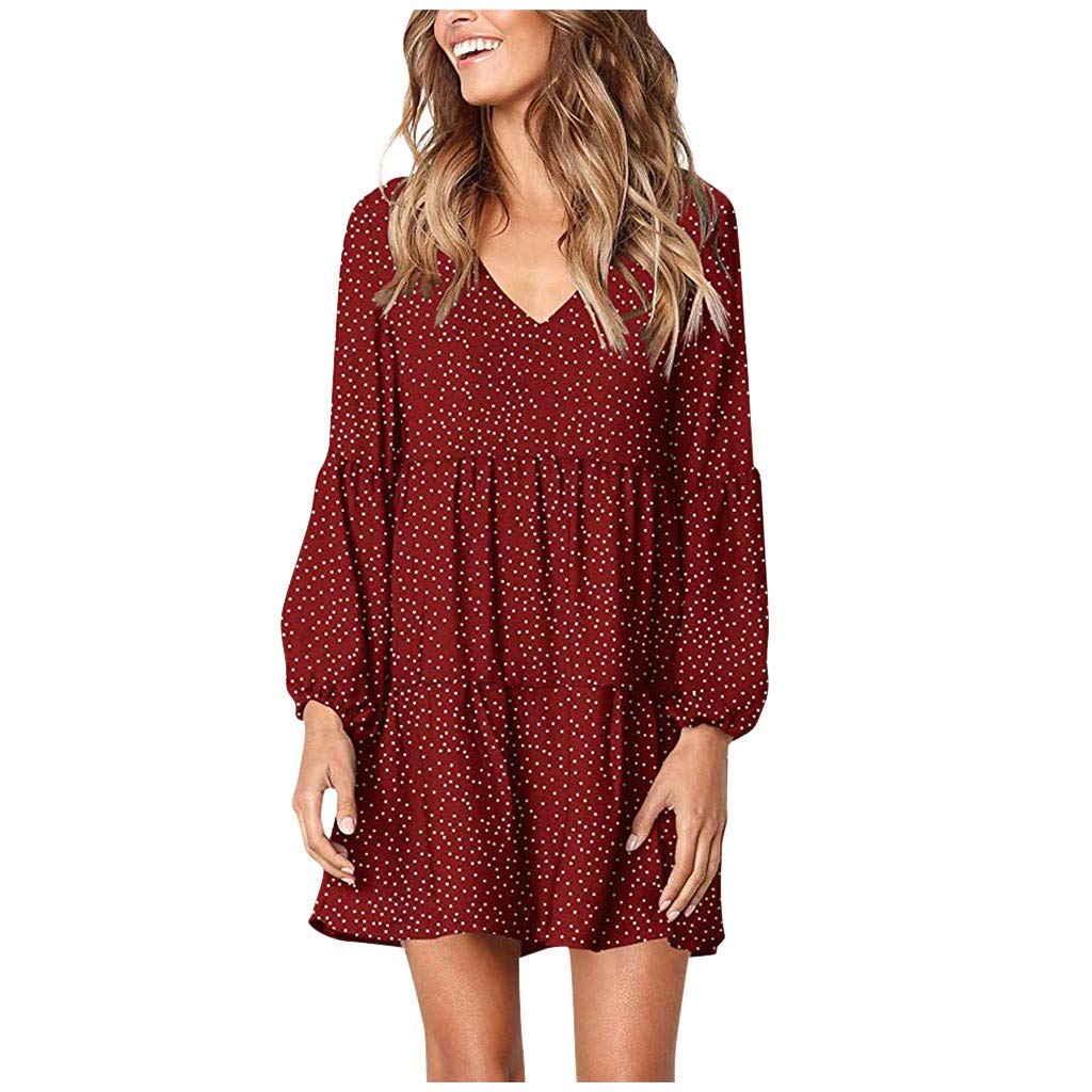 BOTCAM Vestidos de mujer elegantes lunares de manga larga con cuello en V otoño invierno vestido casual mujer tallas grandes volantes dobladillo vestido bohemio vestido de playa vestido de fiesta vestido de