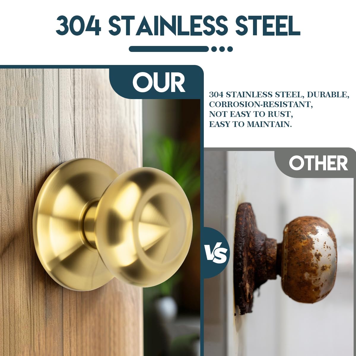 70mm 2 Pieza Oro cepillado PVDB Manijas de puerta esféricas redondas de acero inoxidable de grado aeroespacial de estilo español. Adecuadas para todas las puertas interiores y exteriores.