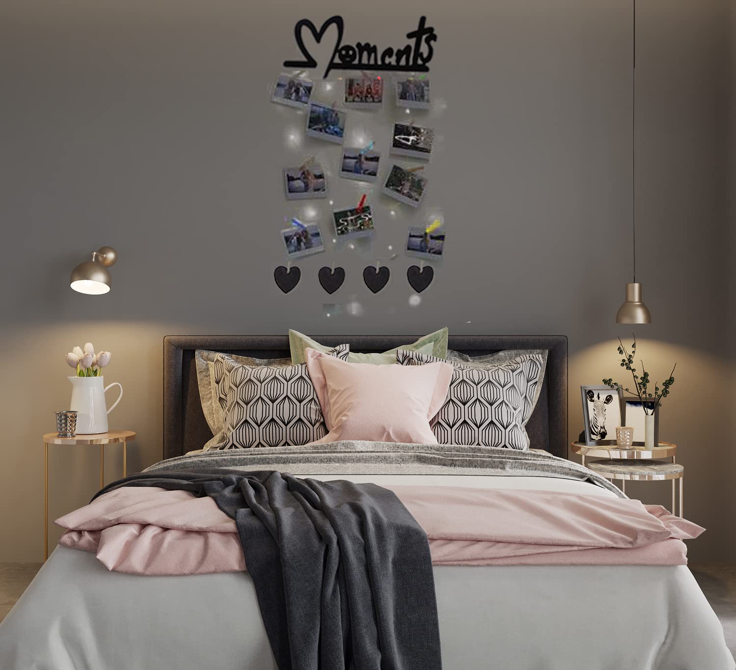 Khush Its Amazing Wood Moments Heart With LED Light Hanging Photo Display, DIY Picture Photo Frame Collage Set Includes Multi colour Clips, Wall Mount