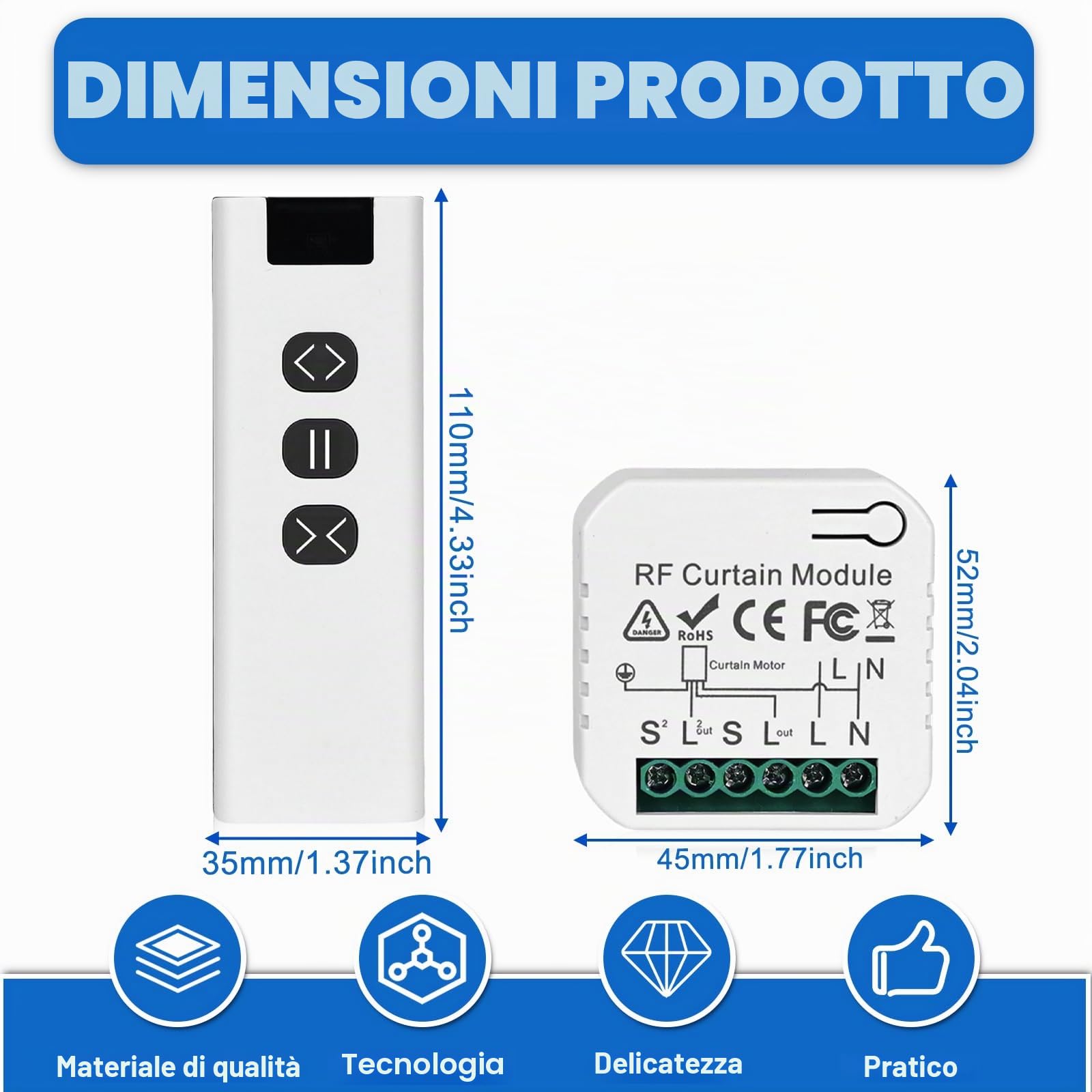 Kit di controllo radio per tapparelle, interruttore intelligente compatibile con interruttore radio 230 V per tapparelle, persiane, tende da sole, modulo smart tapparelle, composto da telecomando RF +
