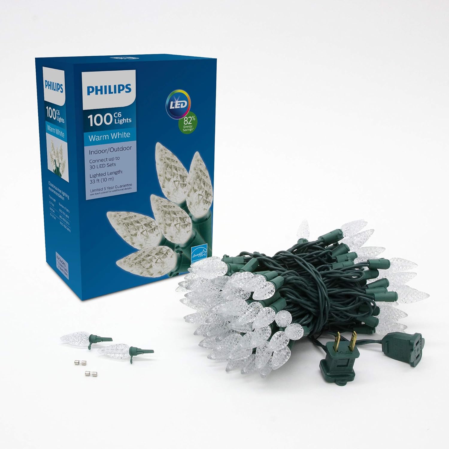 PHILIPS 100 LED Warm White Faceted C6 Christmas Lights on