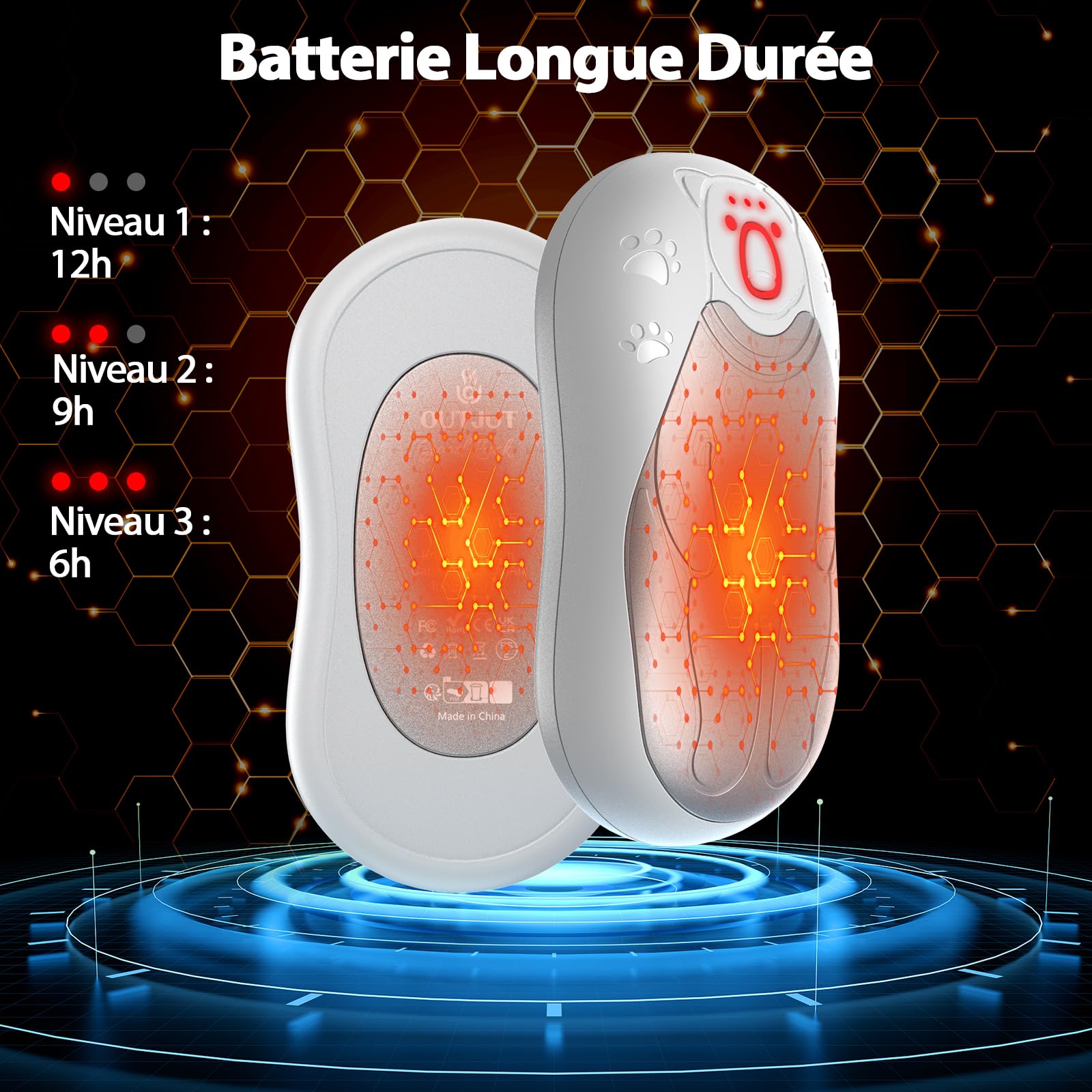 Chauffe Main Electrique 2 en 1 Blanc, Chaufferette Main Reutilisable, 3 Niveaux de Chauffe, 12000mAh Rechargeable par USB, Cadeaux Hiver Unisexes, pour Camping et Sports en Extérieur