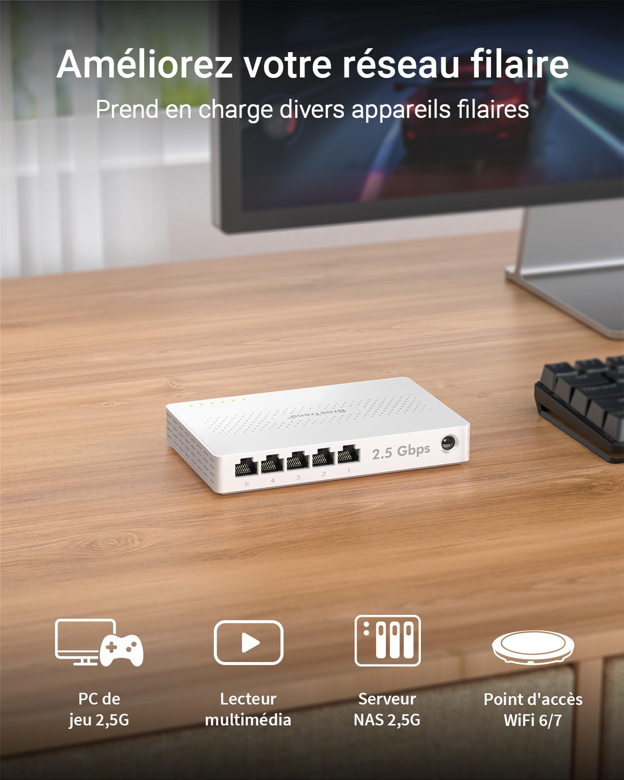 BrosTrend 2.5G Switch Ethernet 5 Ports, Switch RJ45 2.5Gb Unmanaged, 5X 2.5G Base-T Ports, Commutateur Réseau Compatible avec 100/1000/2500Mbps PC NAS, Plug-and-Play sans Ventilateu, Protection à Vie
