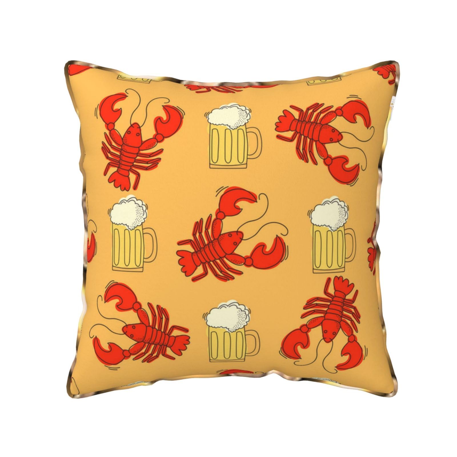 AUBKFELD Beer and crawfish pattern Printed Velvet Cushion Cover 50x50 CM with Gold Edging Strip, Square Pillowcase Soft Throw Pillow Covers Case Decorative for Living Room Sofa Couch Bed Bench