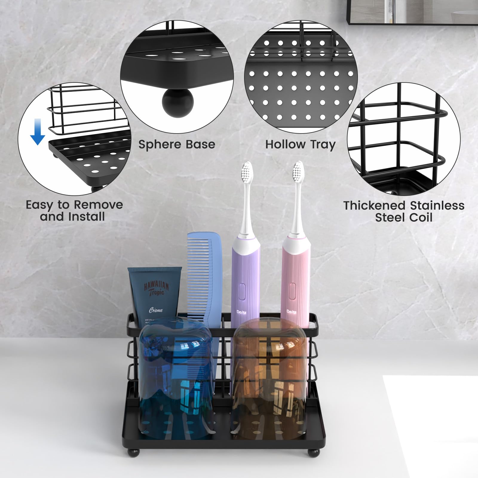 Luxspire Toothbrush Holder, 3-Slot Electric Toothbrush Holder with Detachable Tray, Stainless Steel Holder for Toothbrush Toothpaste Razor, Toothbrush Caddy for Bathroom Countertop Hotels, Black