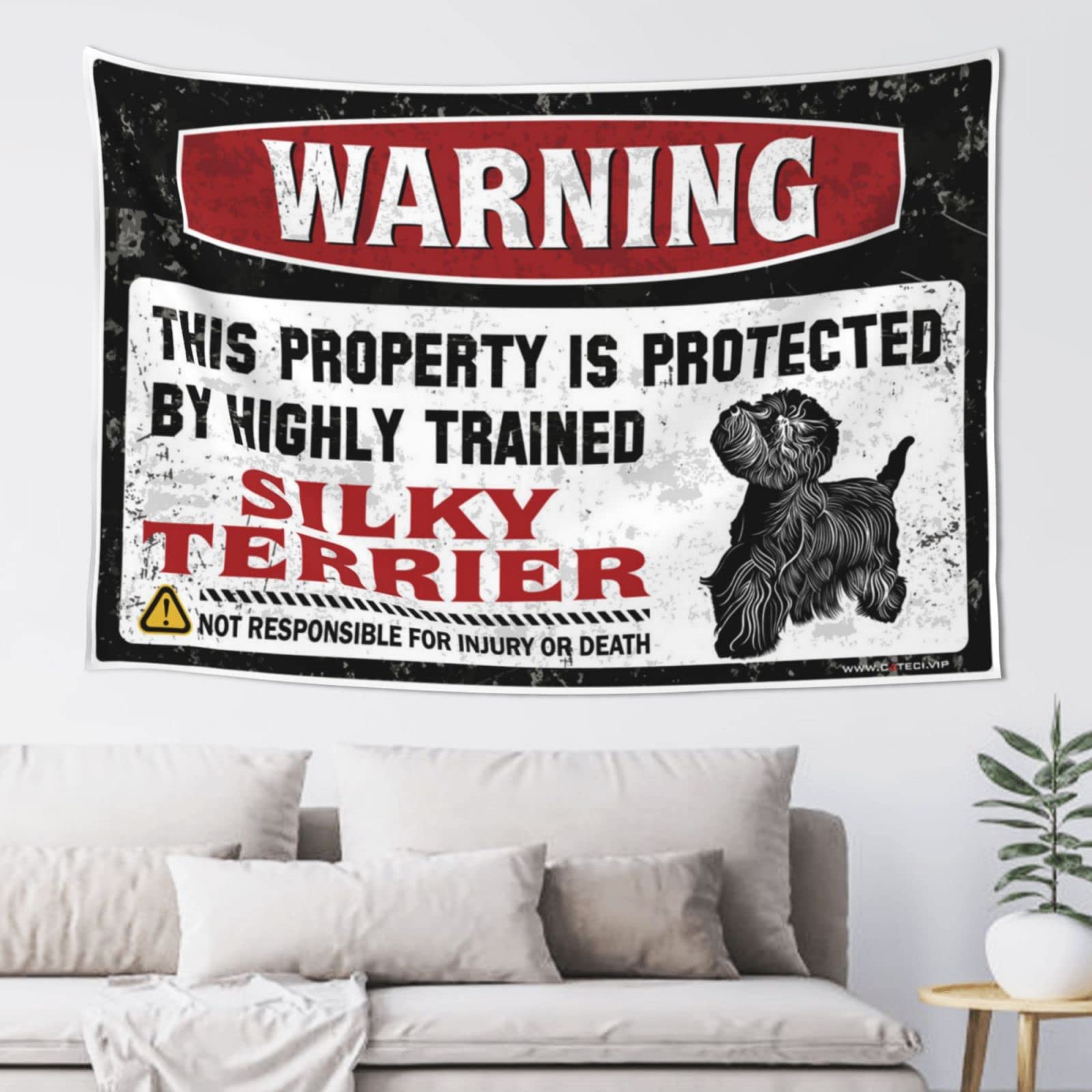 Pravoxi Men's One Color Funny Kitchen Decor Warning This Property Is Protected By A Highly Trained Silky Terrier Tapestry Decor Asthetic Room Decore(100X150cm)