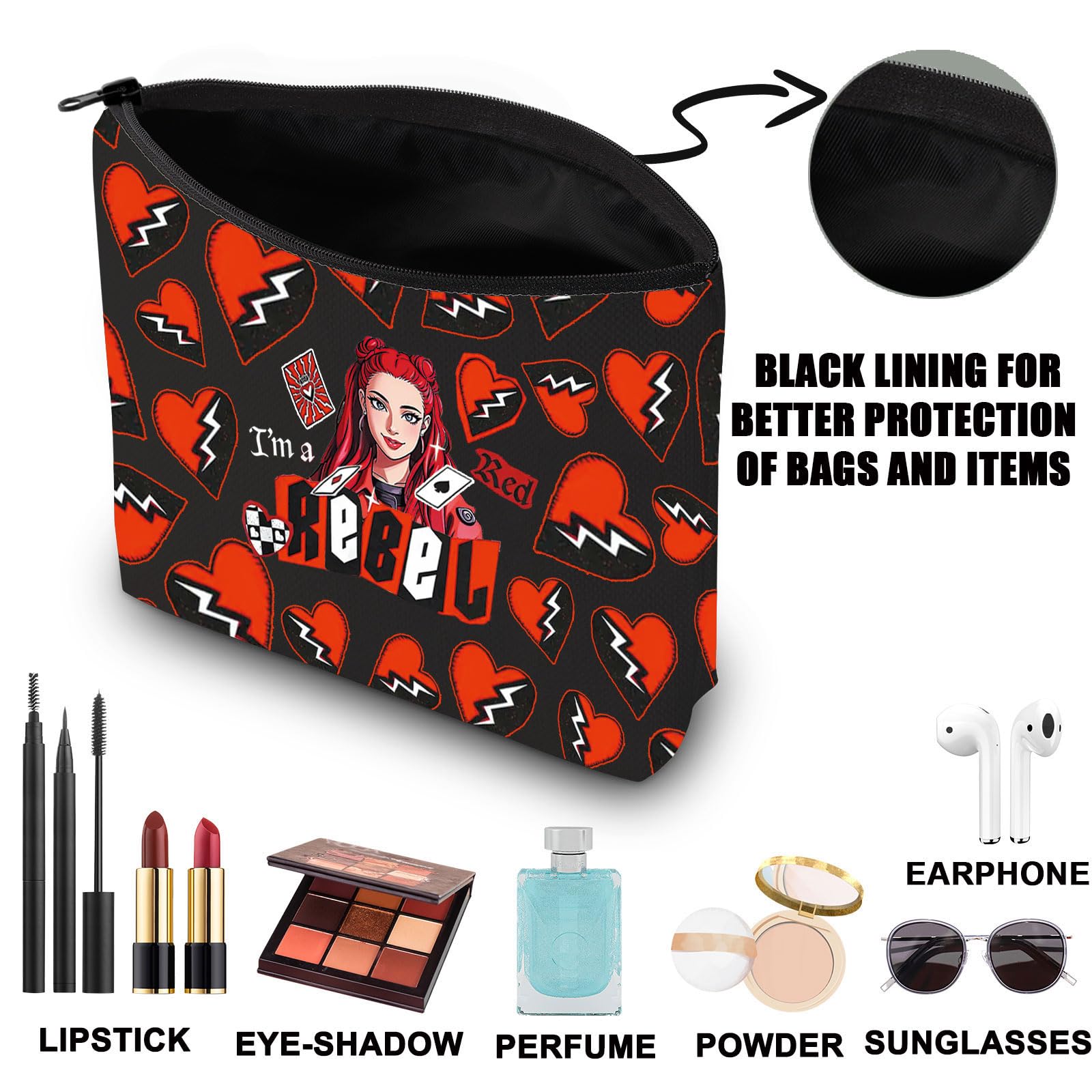Red I'm A Rebel Makeup Bag Red and Chloe Gifts Red Broken Hearts Gifts Red Princess Zipper Bag (Rebel uk1) - Image 3