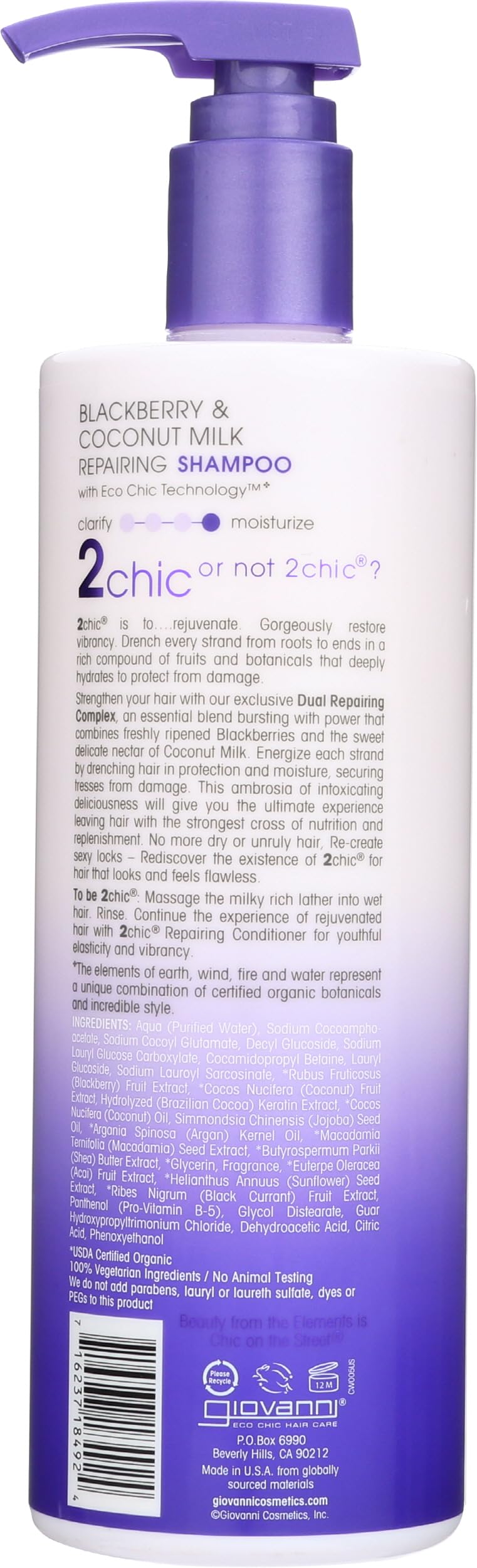 GIOVANNI 2chic szampon regenerujący, 680 ml, jeżyna i mleko kokosowe do suchych, zniszczonych i farbowanych włosów, wzbogacony o argan, masło shea, keratynę, bez siarczanów, trwały kolor, bez