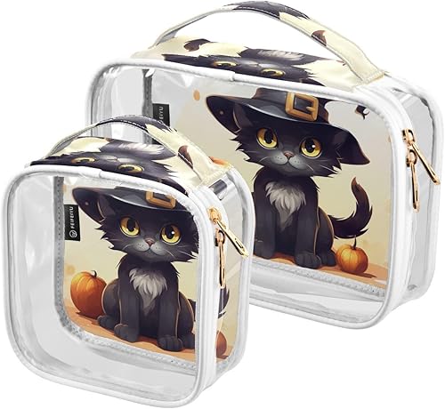 Miniatura 2 de Bolsa de aseo transparente con diseño de gato negro de bruja de Halloween para viajar, paquete de 2 bolsas de cosméticos de maquillaje con