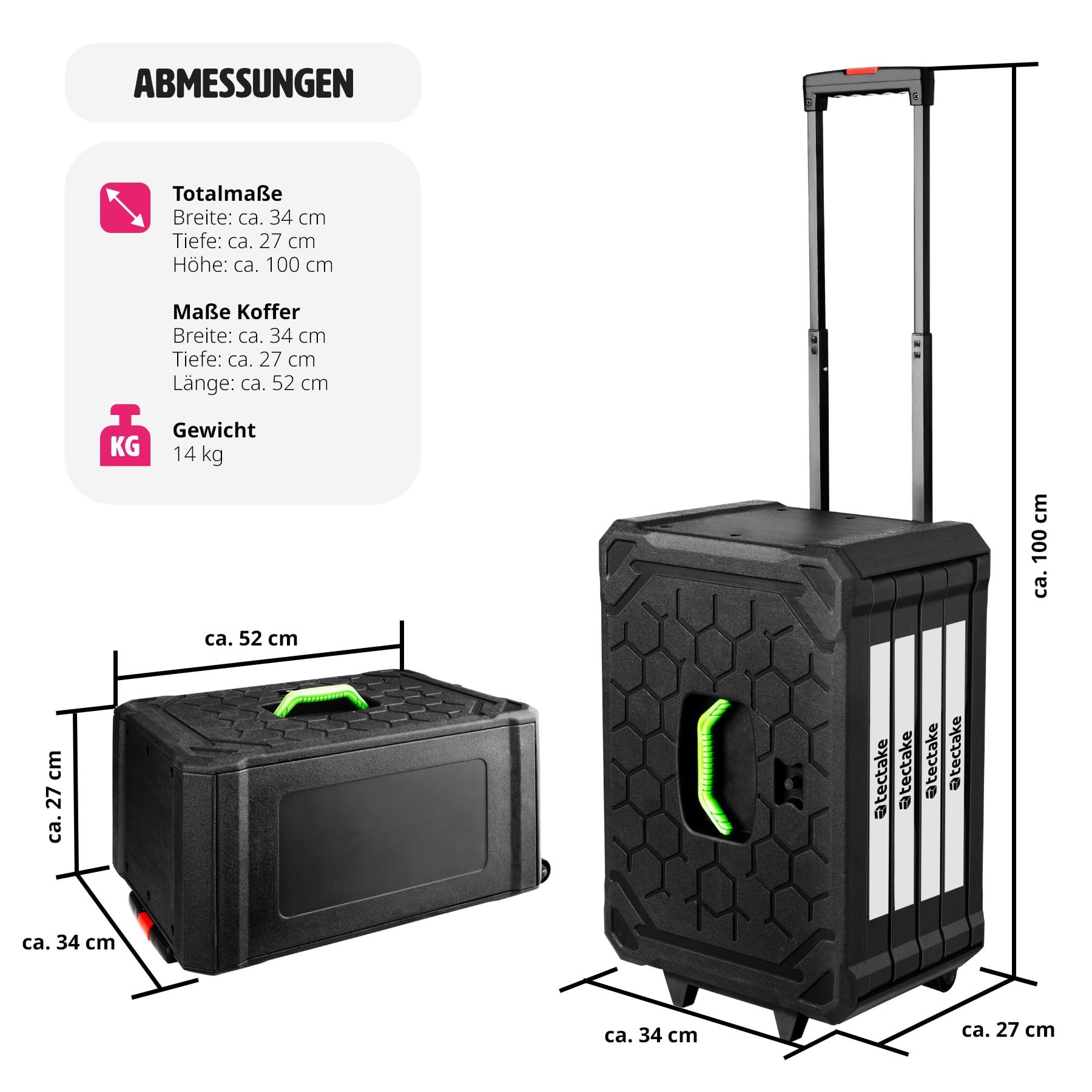 tectake® Werkzeug Set im Aluminium Koffer, Werkzeugkoffer gefüllt 899-tlg., Tool Werkzeugwagen fahrbar, Trolley mit 4 Schubladen, Teleskopgriff, Werkzeugkiste groß für Profi und Haushalt - schwarz