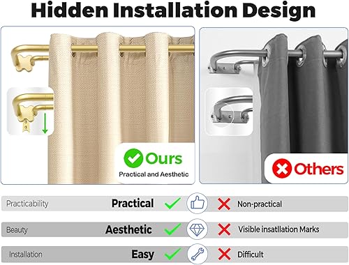 Miniatura 9 de USFOOK Barras de cortina dobles doradas, opacas para ventanas de 32 a 58 pulgadas, barra de cortina de oscurecimiento de habitación de 68 pulgadas