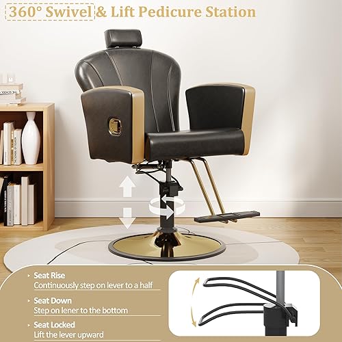 Miniatura 19 de KIGOTY Silla de salón para estilista, silla reclinable con bomba hidráulica, sillas giratorias de 360 grados con reposapiés y reposacabezas