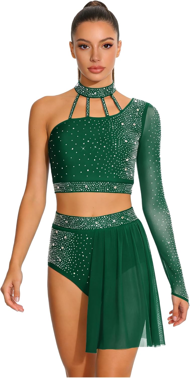 Vxuxlje Womens 2 Pcs Lyrical Dance Outfits Shiny Rhinestone Mehs Patchwork Crop Top with Shorts Sets Dark Green Small