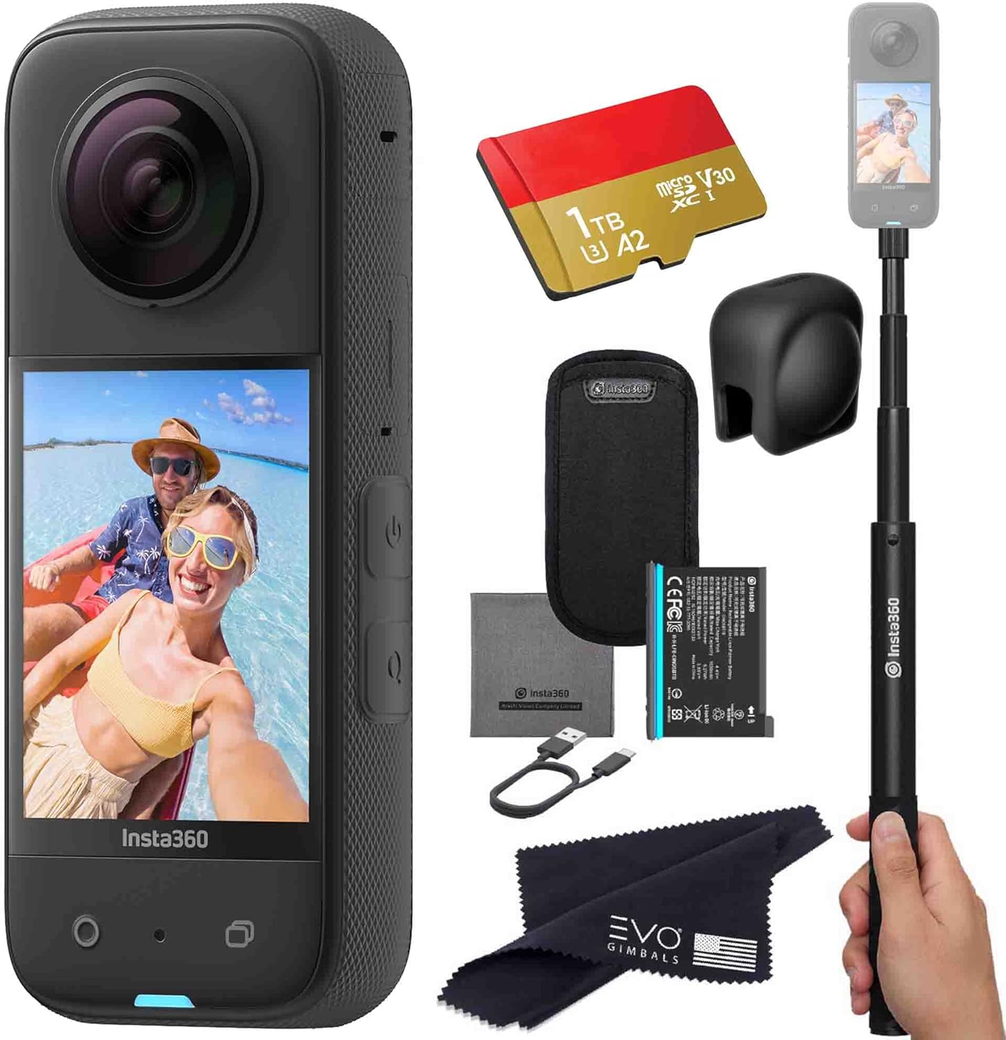 Insta360 X3 – Waterproof 360 Action Camera with 1/2″ 48MP Sensors, 5.7K 360 HDR Video, 72MP 360 Photo, 4K Single-Lens, 2.29″ Touchscreen, AI Editing |Bundle Includes Selfie Stick,Lens Cap&1TB