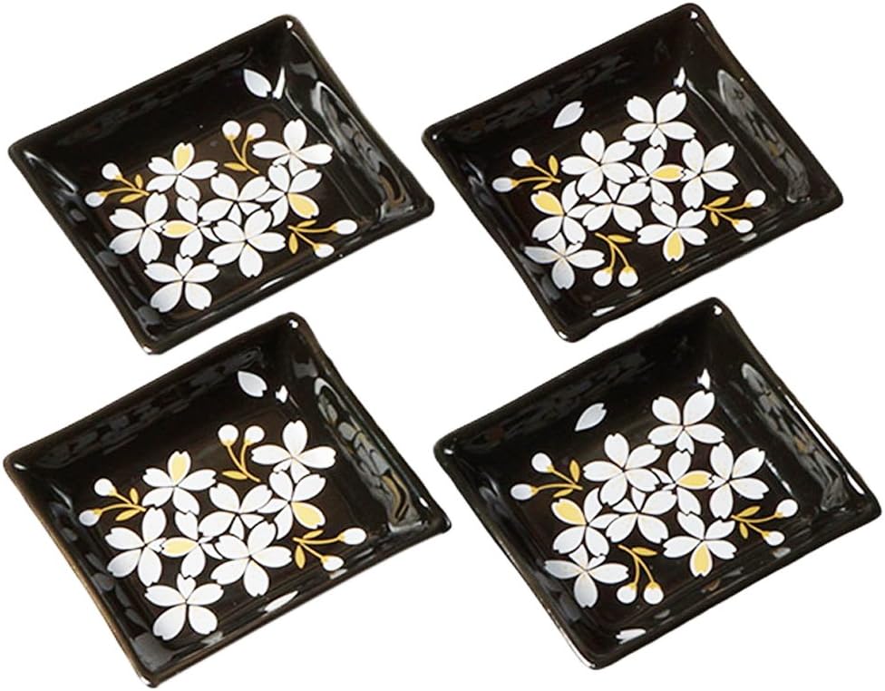 Cinf Japanese Cherry Blossom 4 inch Rectangular Salad Plates Set of 4, Hand-painted Ceramic, Traditional Japanese Style, Floral Pattern, Dishwasher Safe