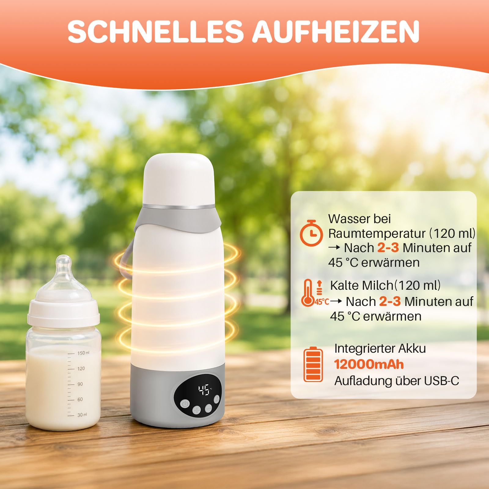 FUNYKICH Tragbarer Flaschenwärmer Baby, 100W Schnelles Erwärmen, 500ml Weiß