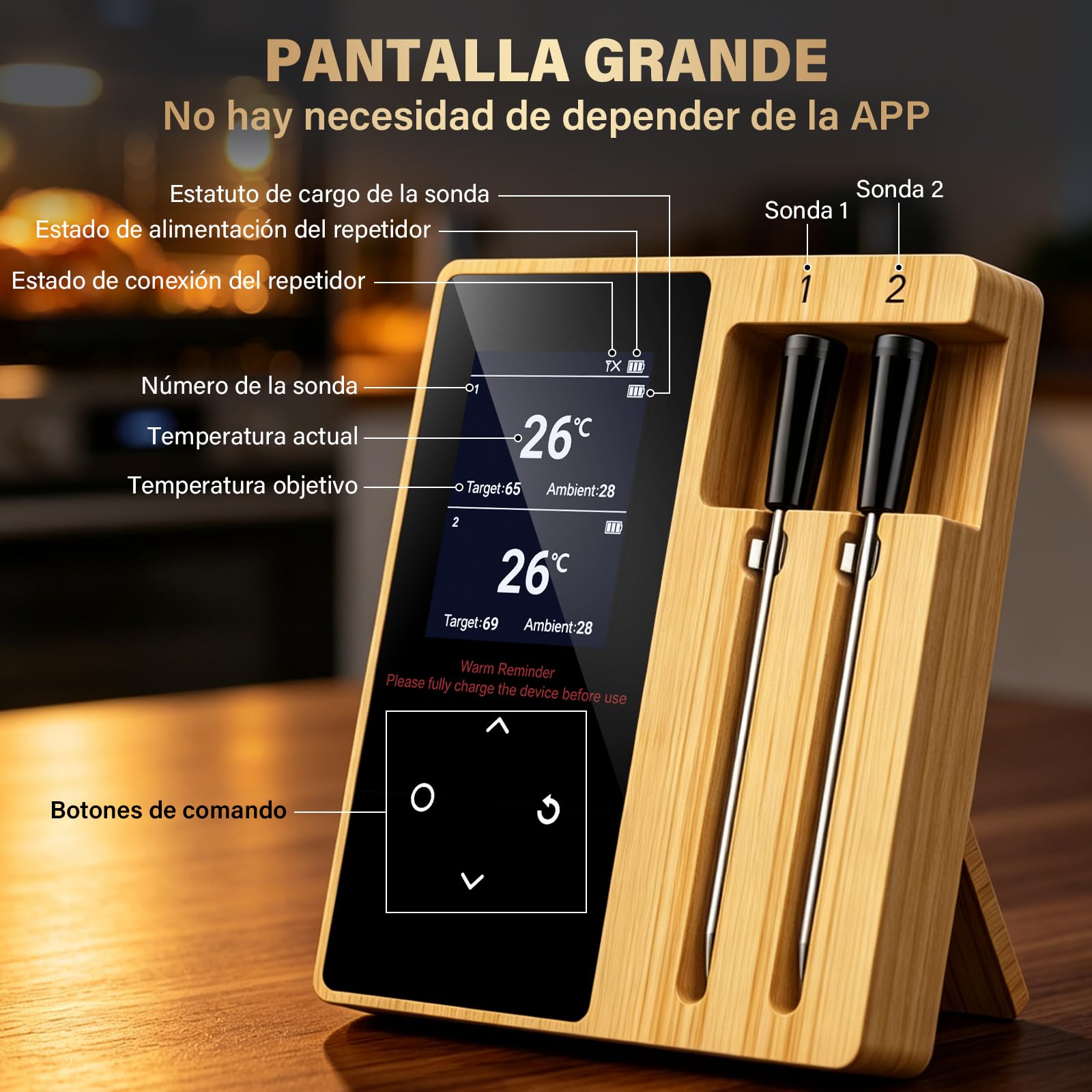 Termometro Cocina Inalámbrico con 2 Sondas, Meat Thermometer con Pantalla LCD, Inteligente APP, Función de Alerta, IP67 Resistente al Agua, Termometro Digital Cocina para Barbacoa, Ahumador, Horno