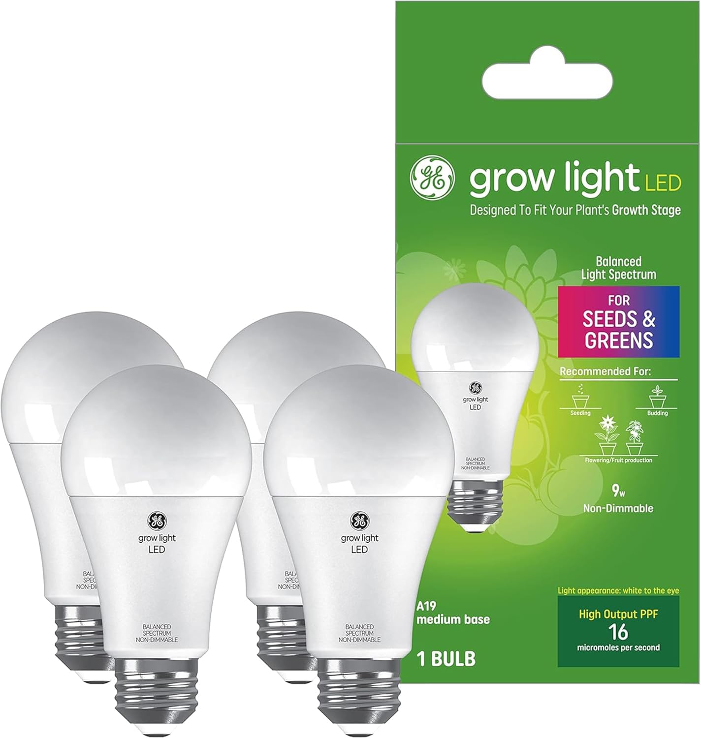 GE Grow Lights for Indoor Plants, A19 LED Light Bulbs for Seeds and Greens with
