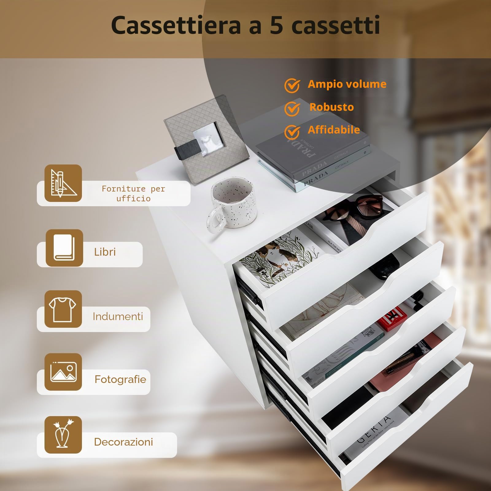 KOMFOTTEU Cassettiera a 5 cassetti con maniglie nascoste, cassettiera mobile con 2 ruote bloccate, cassettiera in legno, per ufficio, soggiorno, 49 x 40 x 65 cm, bianco