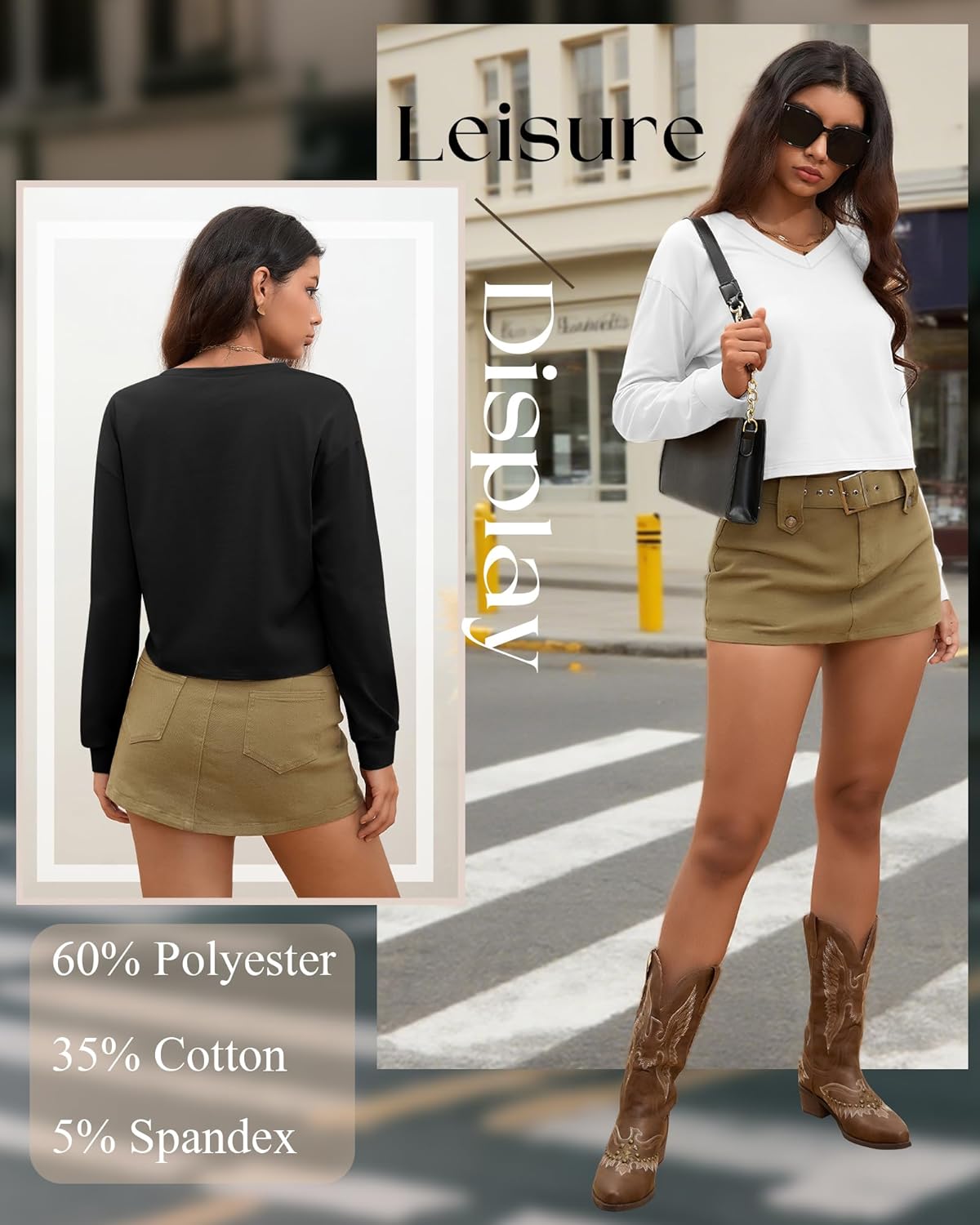 Ficerd 3 Pack Women's Crop Long Sleeve Tops V Neck Loose Cropped T Shirts Drop Shoulder Casual Basic Fall Winter Boxy Tees - Image 2