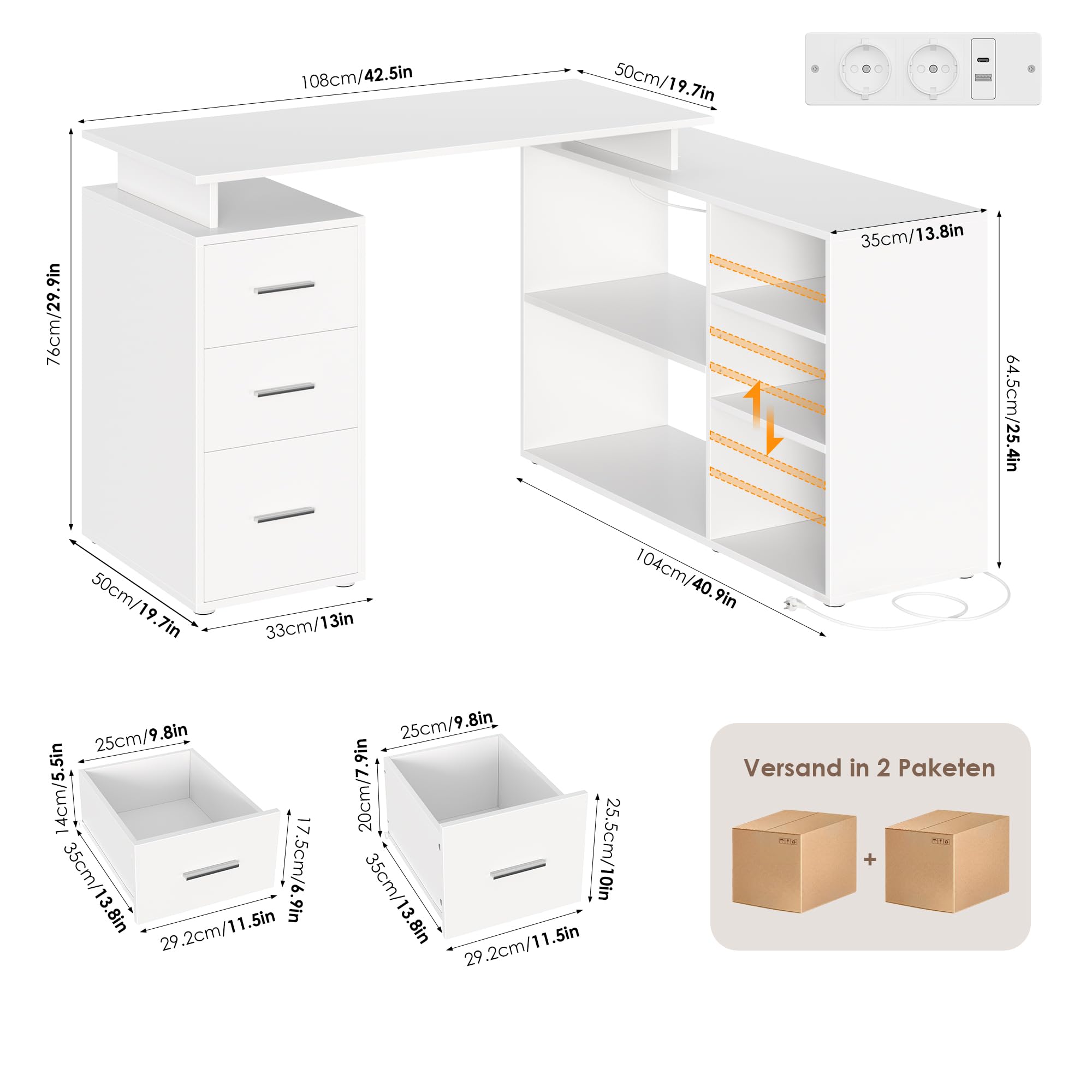 FirFurd Eckschreibtisch mit Steckdosenleiste Schreibtisch L Form Computertisch mit Bücherregal und Schubladen Eckschreibtisch mit Stauraum PC Tisch für Arbeitszimmer Homeoffice 129 x 104 x 76 cm, weiß