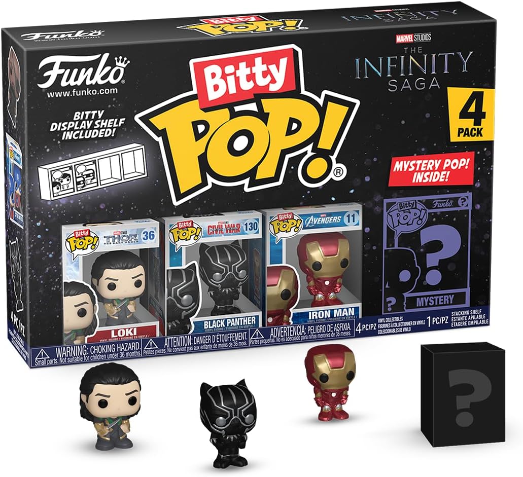 Bitty Pop! Marvel - Loki 4PK - Loki, Black Panther, Iron Man (VII) and A Surprise Mystery Mini Figure - 0.9 Inch (2.2 Cm) - Marvel Comics Collectable - Stackable Display Shelf Included