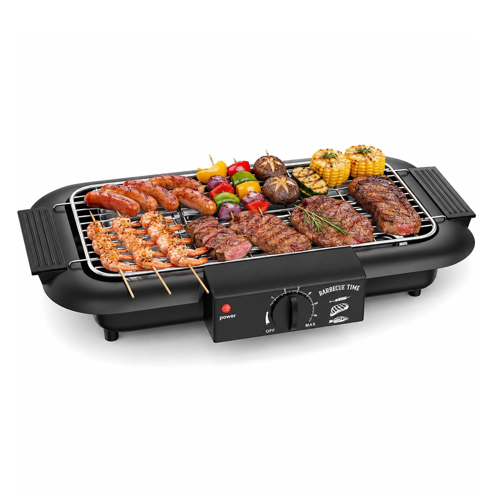 Barbacoa eléctrica de mesa, barbacoa eléctrica con superficie de parrilla de 48 x 34 cm, 2000 W, 6 ajustes de temperatura, parrilla de pie con rejilla extraíble de acero inoxidable y bandeja colectora