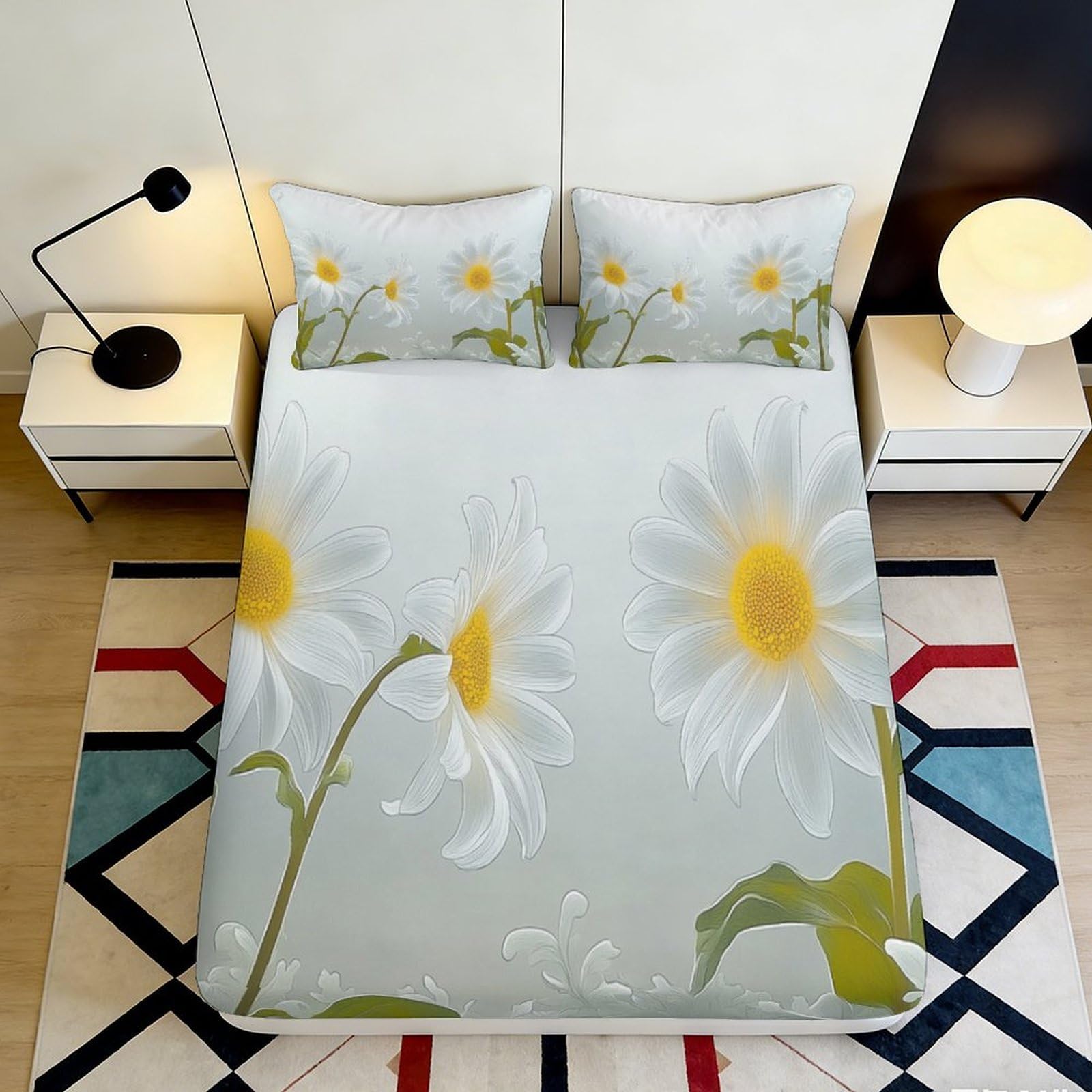 3D Printed Daisy Blossom Fitted Sheet Microfiber Non Slip Sunflower Mattress Cover for Bedroom Guestroom Decor 90x200x25cm