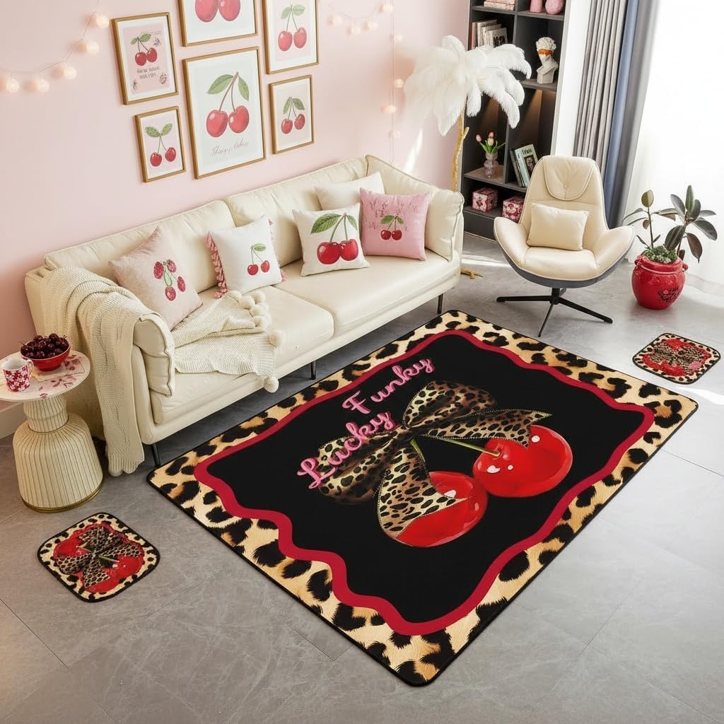 Cute Cherry Area Rug 5x6'6''x0.39''with Non Slip Rugs,Farmhouse Cheetah Skin Printed Home Decor Office Area Rug,Chic Leopard Bowknot Indoor Floor Mat for Playroom Bedside Office
