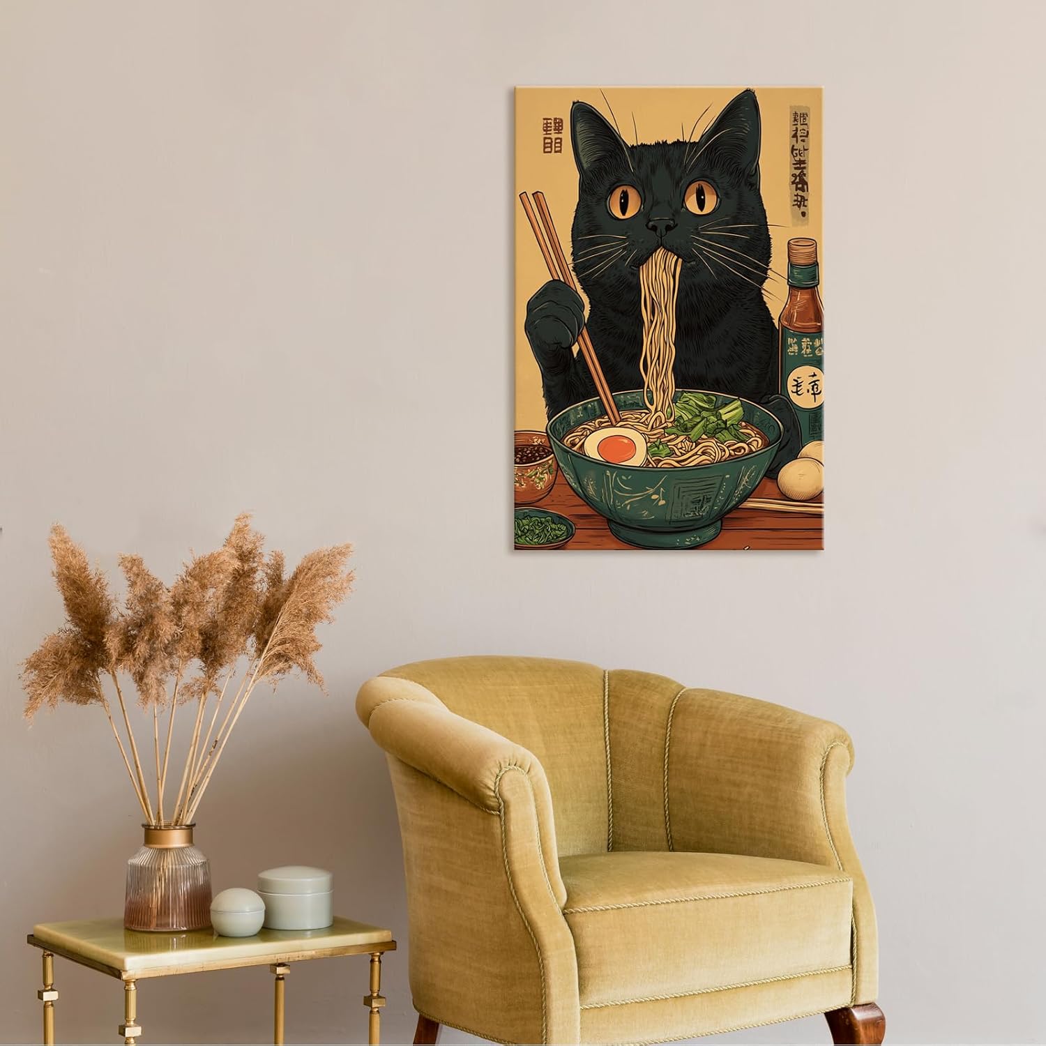 Vintage Black Cat Eating Ramen Wall Art - Retro Japanese Cat Canvas Poster, Quirky Noodle Lover Gift, Cat Prints for Living Room Bedroom Kitchen Wall Decor 16x24in Framed - Image 5