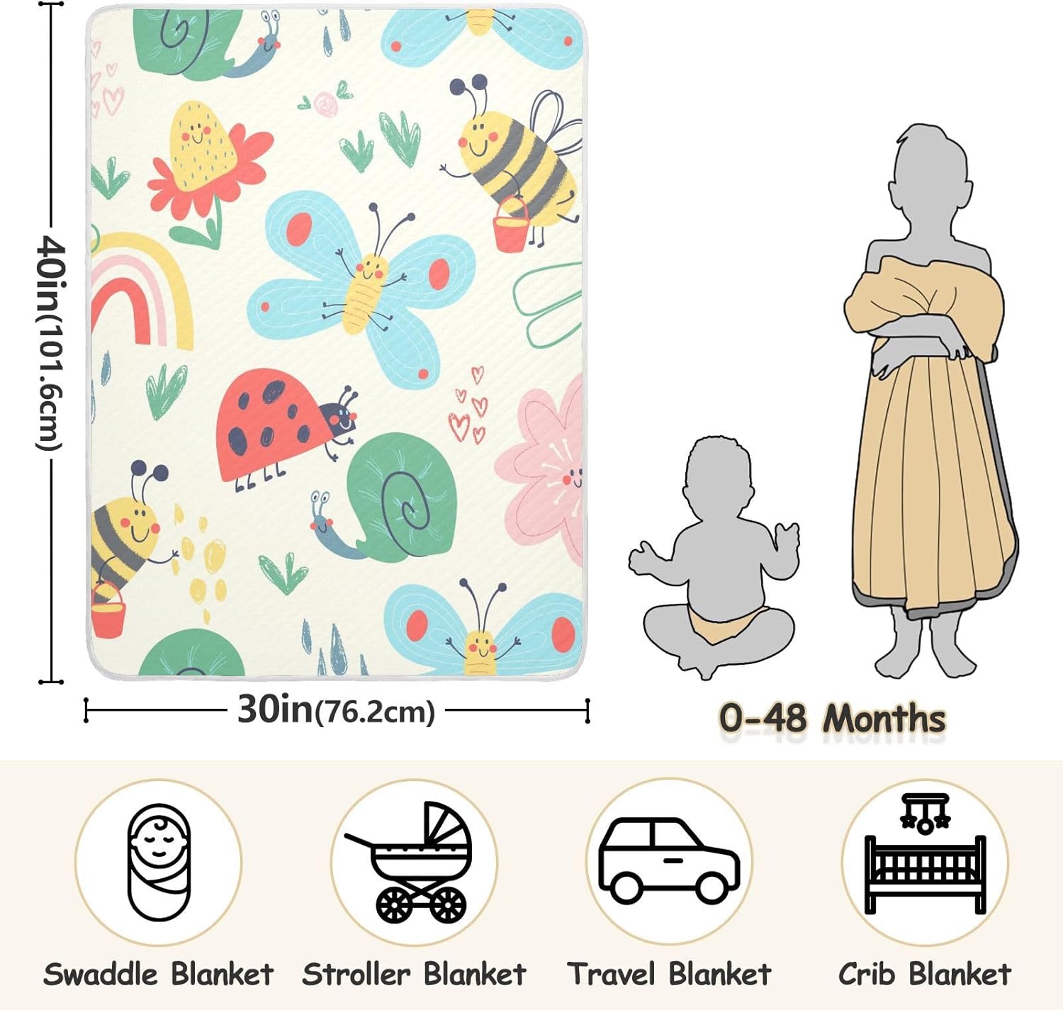 ZZKKO Happy Bugs Bees Butterflies Snails Baby Blankets for Boys Girls Toddler Swaddle Blankets for Kids Crib Stroller，Receiving Cotton Baby Blankets 30x40 inchs