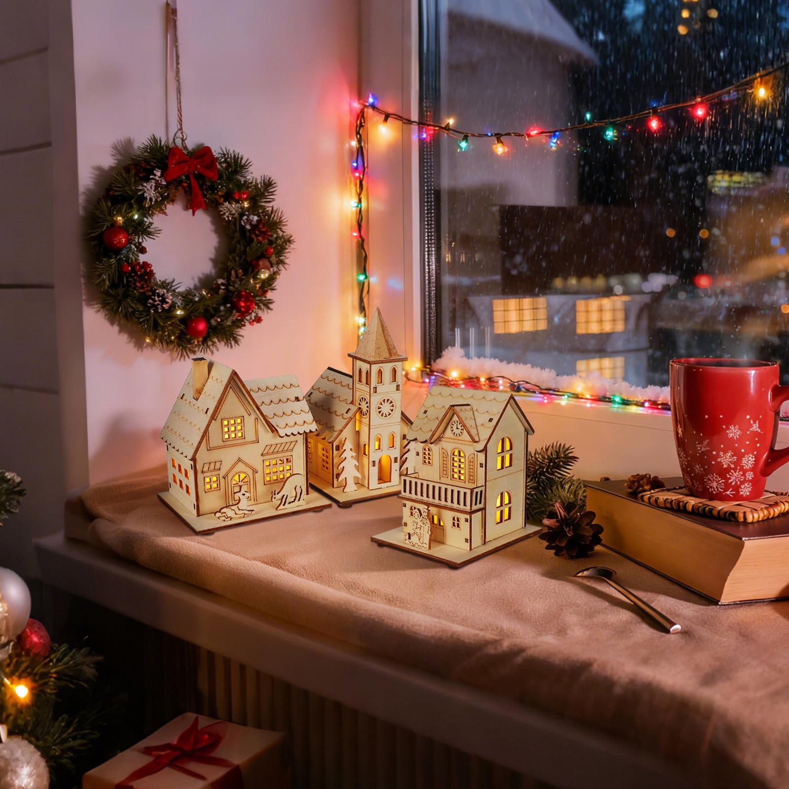 Artibetter 3 Piezas Adorno y Estructura Detallada de Madera Diseño Luminoso Navideño para Adorno de Escritorio y Fiestas de Navidad
