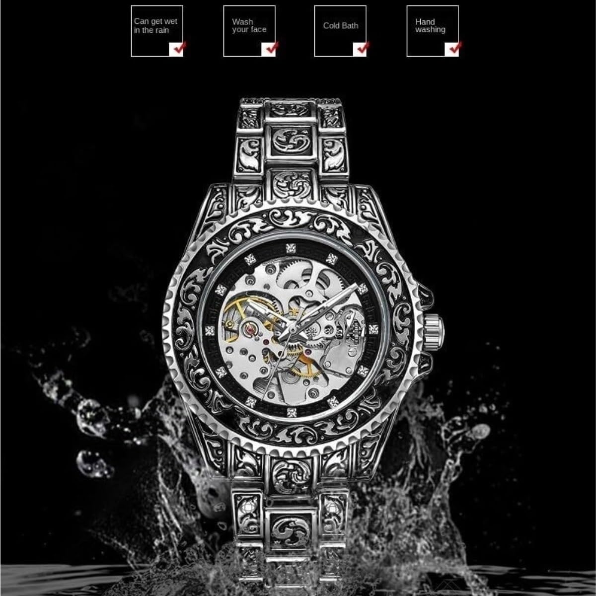 Męski automatyczny zegarek szkieletowy - 43 mm ze stali nierdzewnej, grawerowana tarcza w stylu retro, wodoodporny