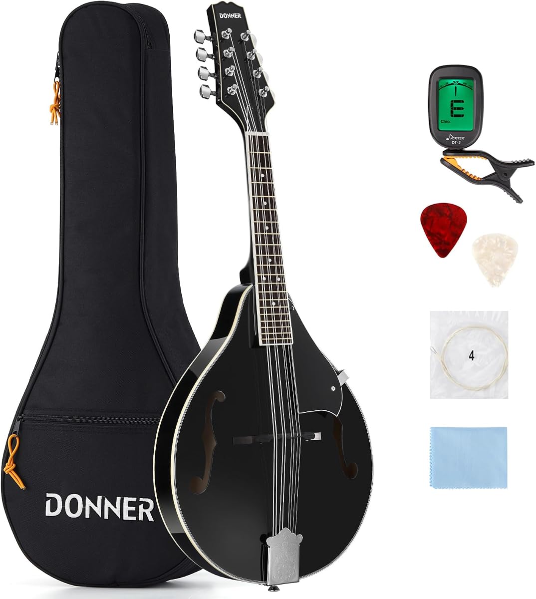 Kits de instrumentos de mandolina acústica Donner - Un estilo, DML-100B, negro | Guitarra de mandolina musical de madera de caoba Juego completo de 8 cuerdas con afinador, cuerdas y bolsa de conciertos para principiantes, adolescentes, adultos