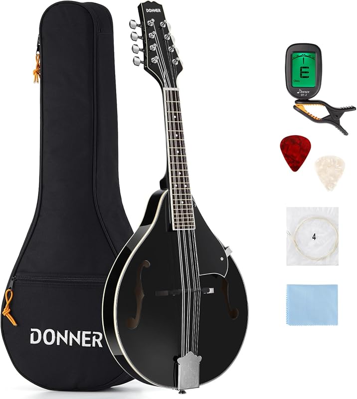 Kits de instrumentos de mandolina acústica Donner - Un estilo, DML-100B, negro | Guitarra de mandolina musical de madera de caoba Juego completo de 8 cuerdas con afinador, cuerdas y bolsa de conciertos para principiantes, adolescentes, adultos