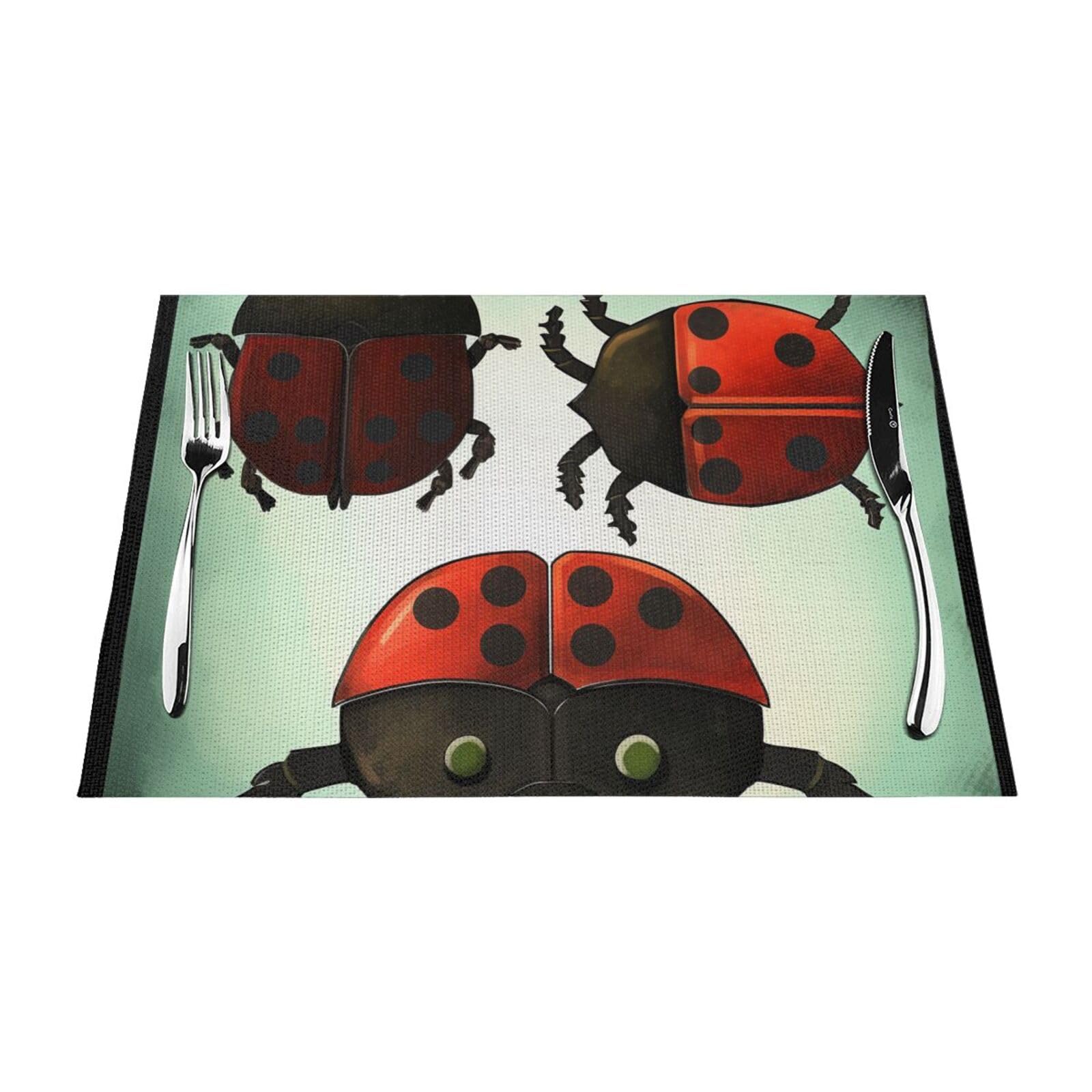 Ladybug Cartoon Printed PVC Placemat 6 PCS for Kitchen Dining Table Heat-resistand Washable Table Mats 18x12 in
