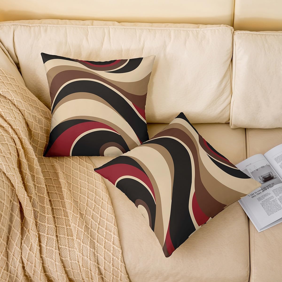 Brown Red Stripes Pillow Cover Patchwork Spiral Geometric Decor Cushion Cover for Kids Teens Adults Simple Plaid Swirls Modern Cushion Case for Office Chairs 24x24 Inch