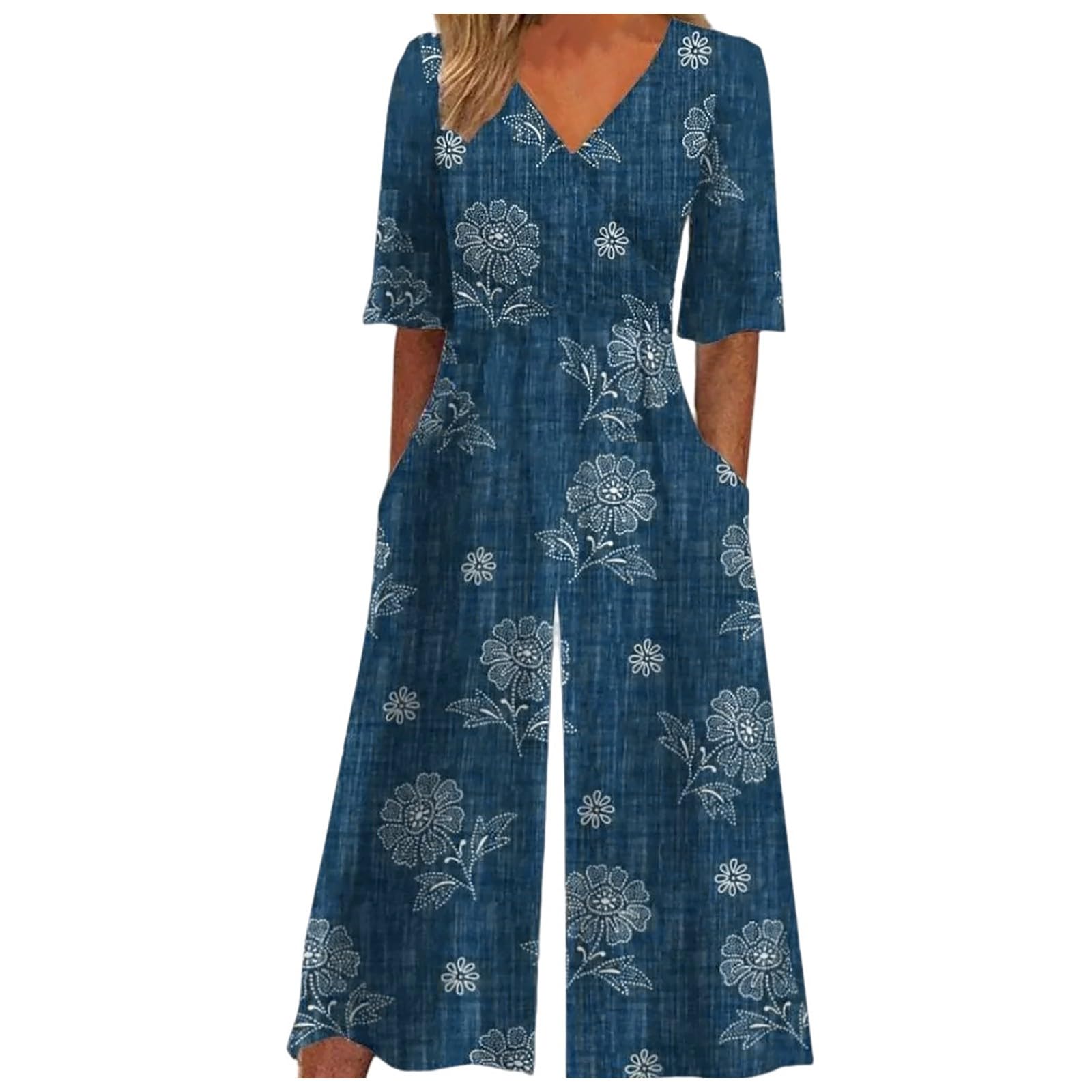 Damen Jumpsuit Boho Style V-Ausschnitt Halbarm Bequeme Freizeit Overalls Weite Hose Mit Tasche Elegante Einteiler Sommer