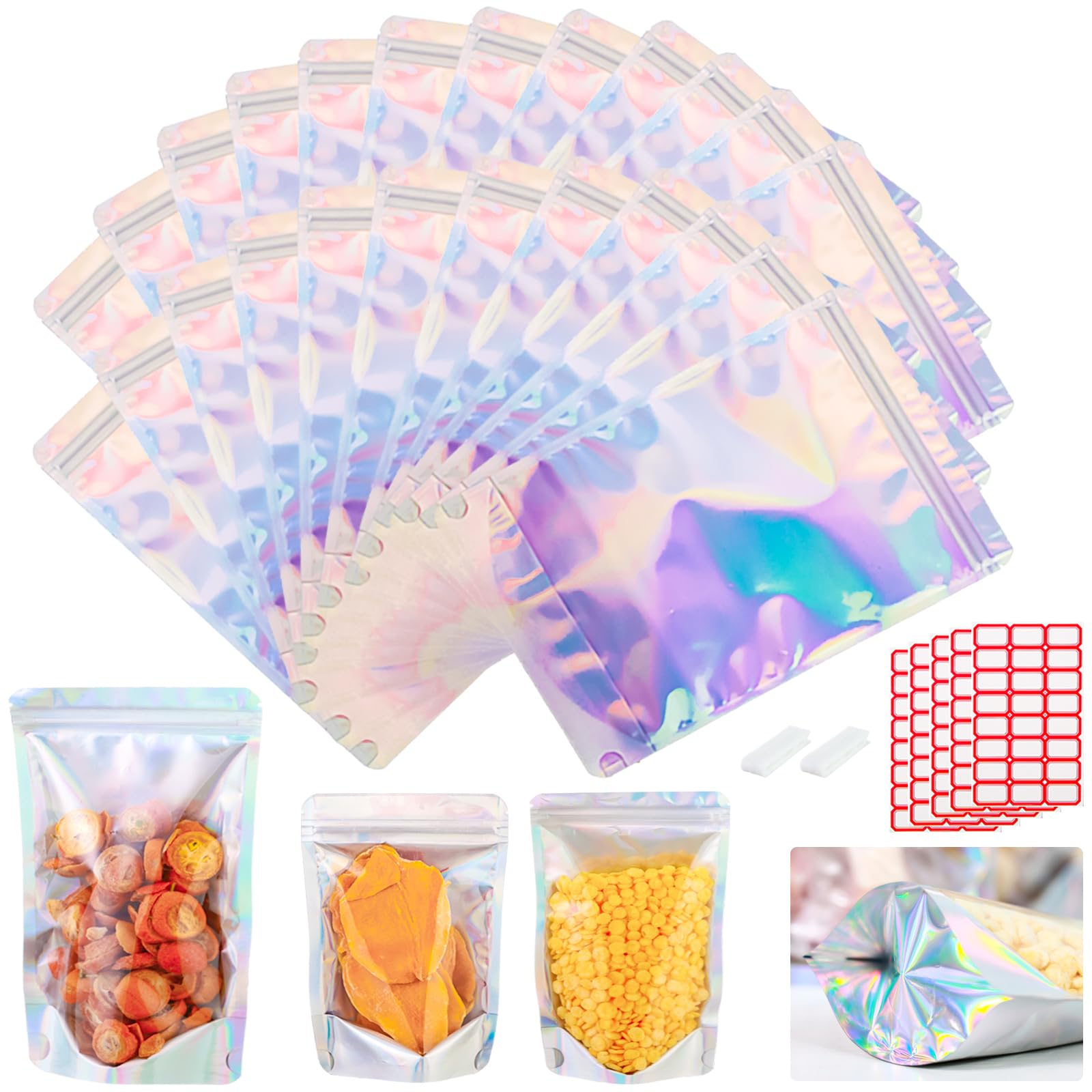 View 1 of 100-pack 7" x 10" Stand Up Mylar Bags with Clear Window 1 Quart Large Holographic Resealable Foil Pouches for Food Storage Smell Proof Edible Packaging Bag for Small Business, Bulk