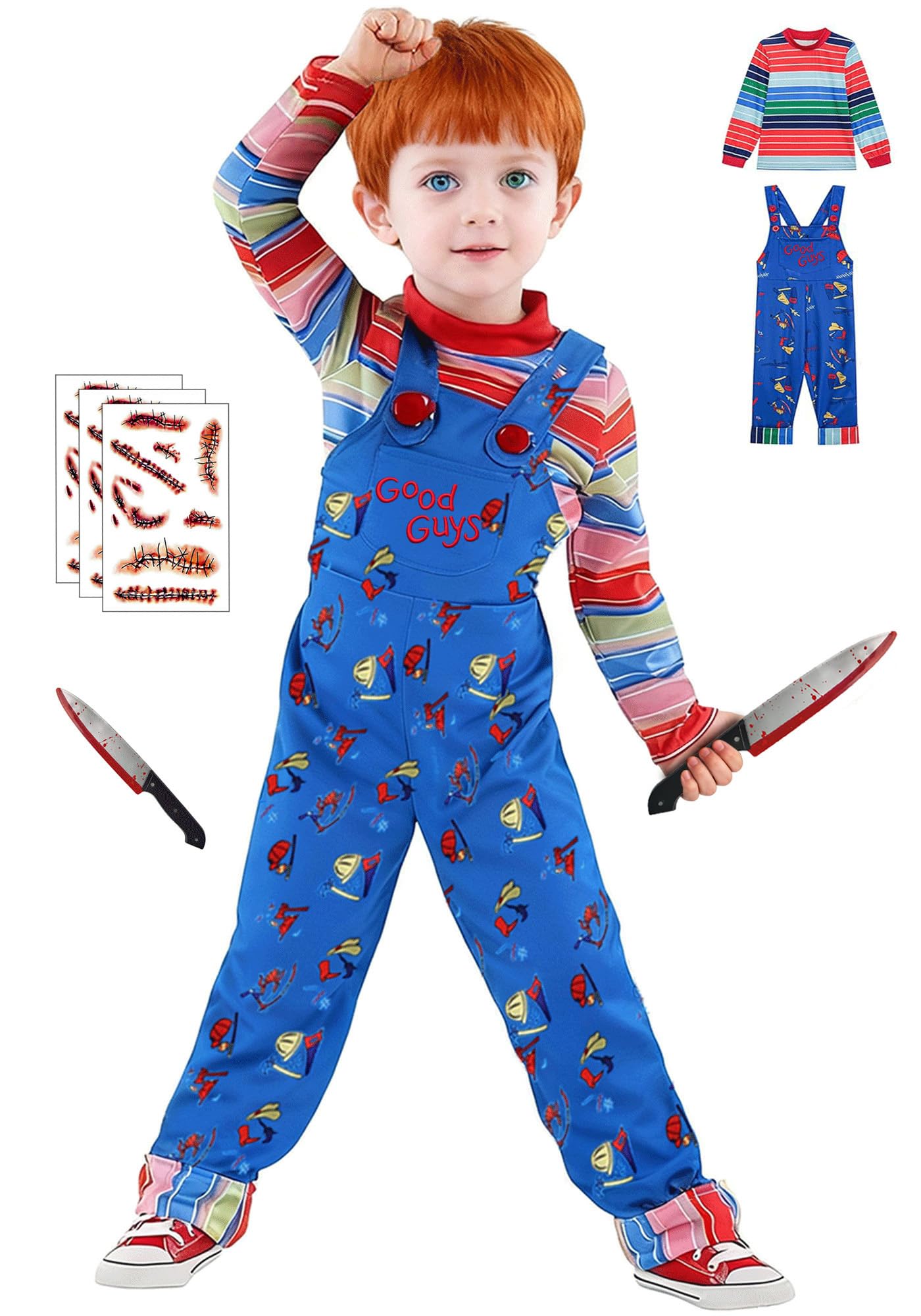 【2~13Y / 7 Sizes】 Chucky Costume for Kids Halloween Jumpsuit Long Sleeve Rainbow Shirt Prop Knife Scar Tattoos