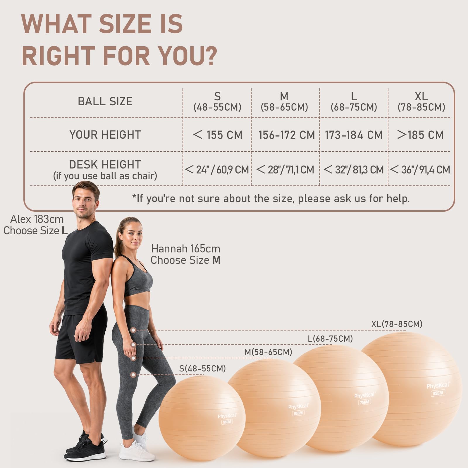 PhysKcal Ballon de Pilates 55-85cm Anti-dérapant Yoga Ball Swiss Ball avec Pompe