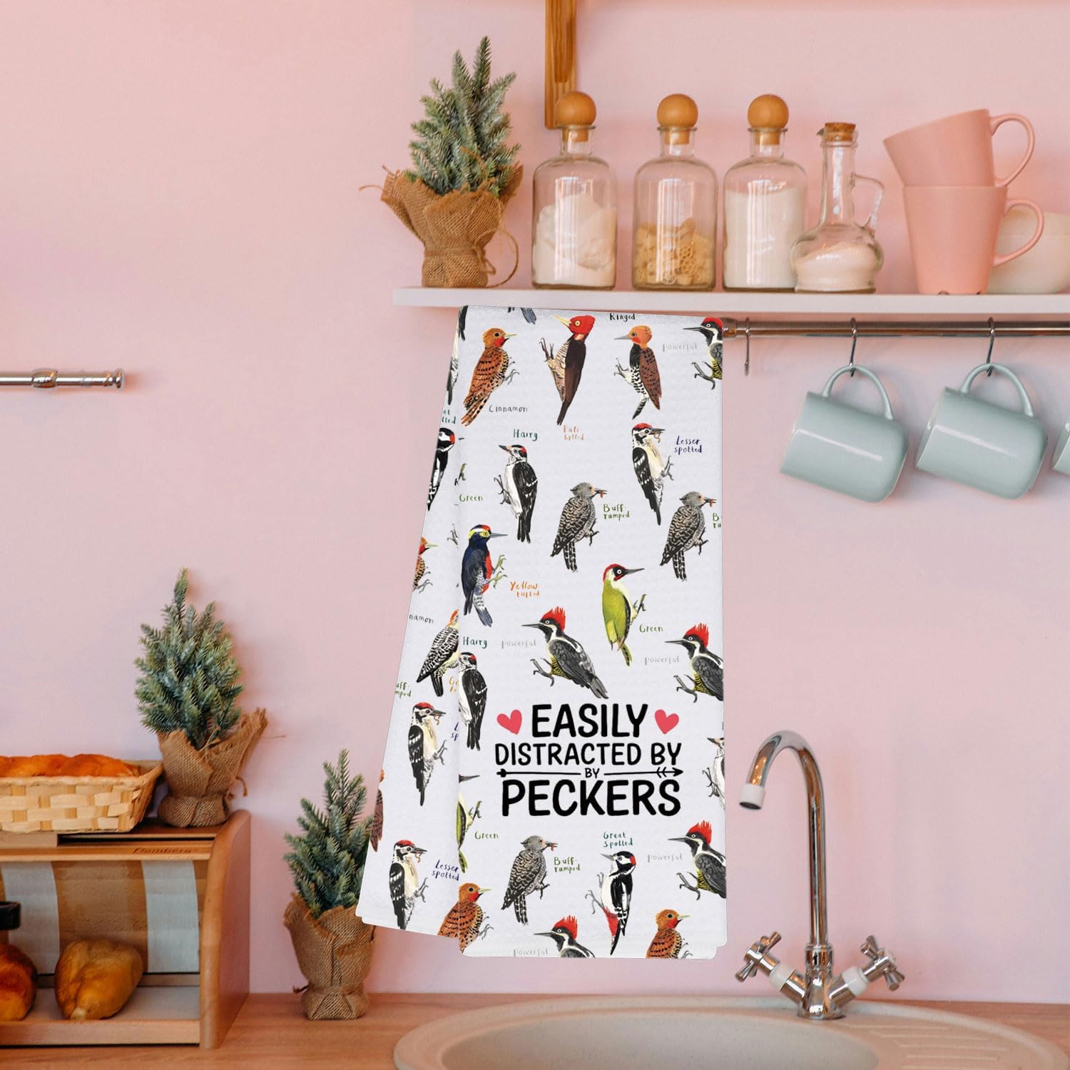 MBMSO Pecker Kitchen Towel Easily Distracted by Peckers Bird Gifts for Pecker Lover Woodpecker Towel Ornithologist Gifts (Pecker TW) - Image 3