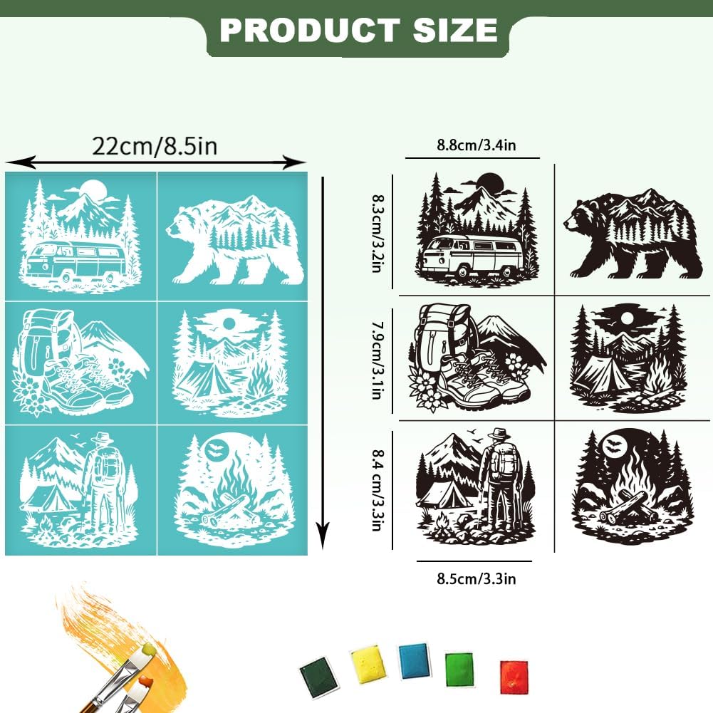 2 Sheets Outdoor Camping Silk Screen Stencil, Shoes Bag Car Bear Forest Reusable Mesh Stencil Self-Adhesive Silk Screen Printing for Wall Border Wood Fabric Home Craft Decor