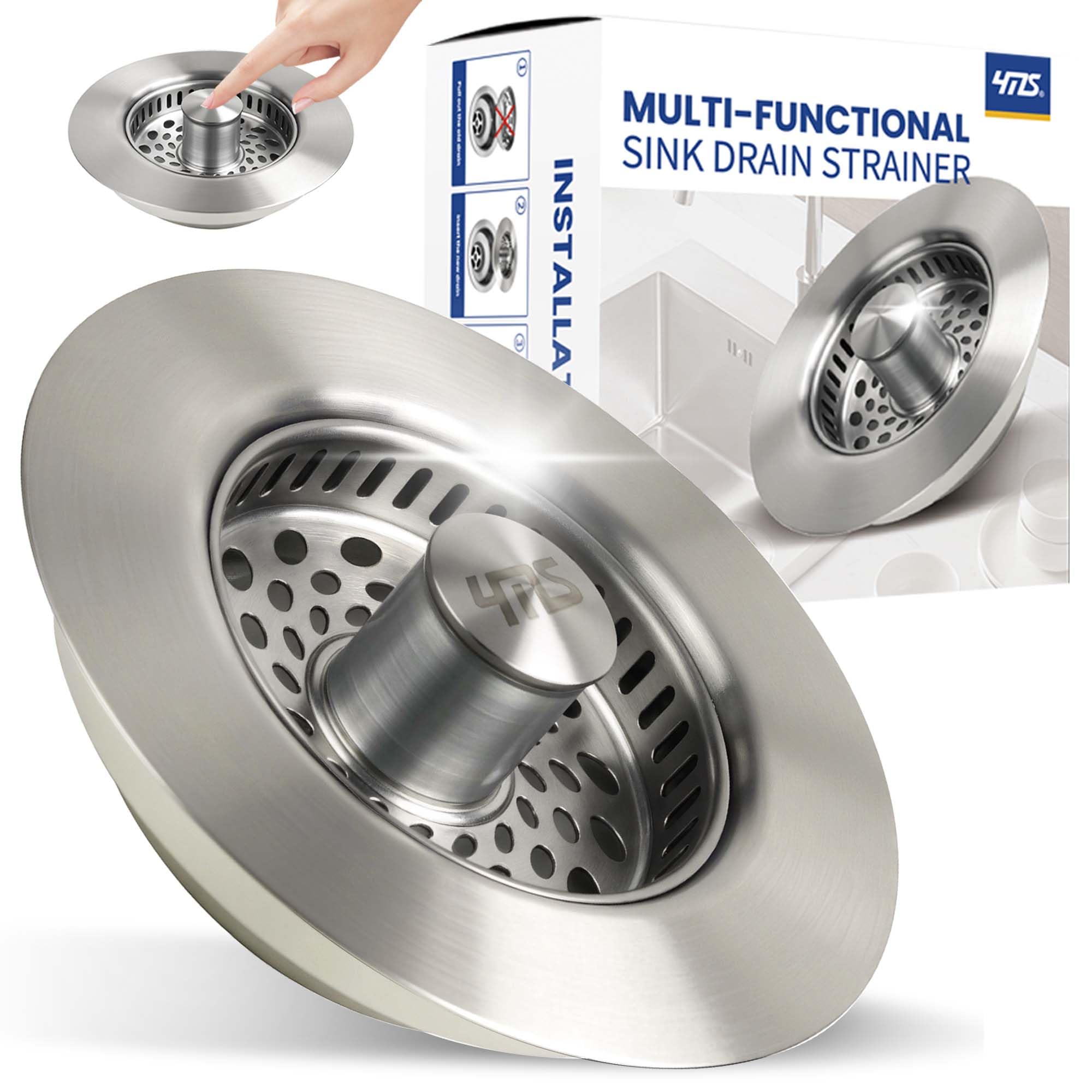 5-in-1 Stainless Steel Sink Aid, Kitchen Sink Drain Strainer Food Catcher, Popup Kitchen Sink Stopper & Odor Filter, Kitchen Sink Strainer Accessories with Drain Basket (Classic Brushed)