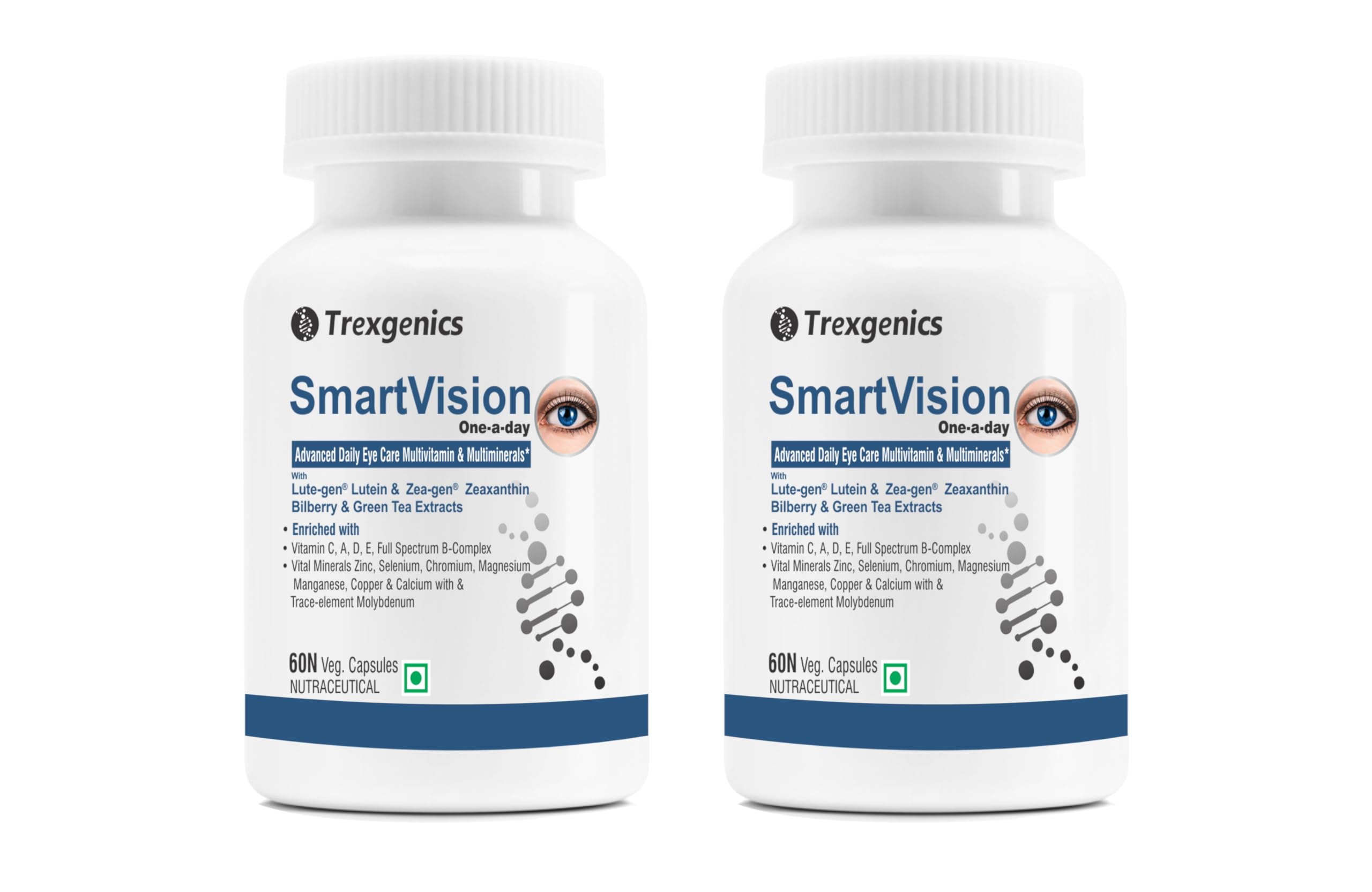 SmartVision Advanced Eye Care Multivitamin with Lutein, Zeaxanthin, Bilberry, Green Tea, Vitamin A, D, E, C, B-Complex and Minerals One-a-Day Formula -60 Veg. Capsules -Pack of 2