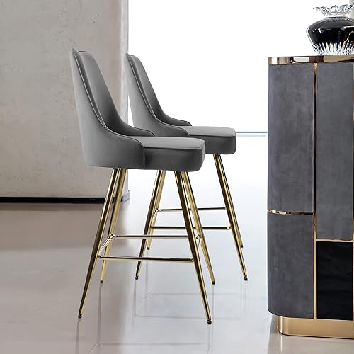 Miniatura 3 de KithKasa Juego de 2 taburetes de bar con patas doradas, tapizados de terciopelo de 26 pulgadas con respaldo para isla de cocina, comedor