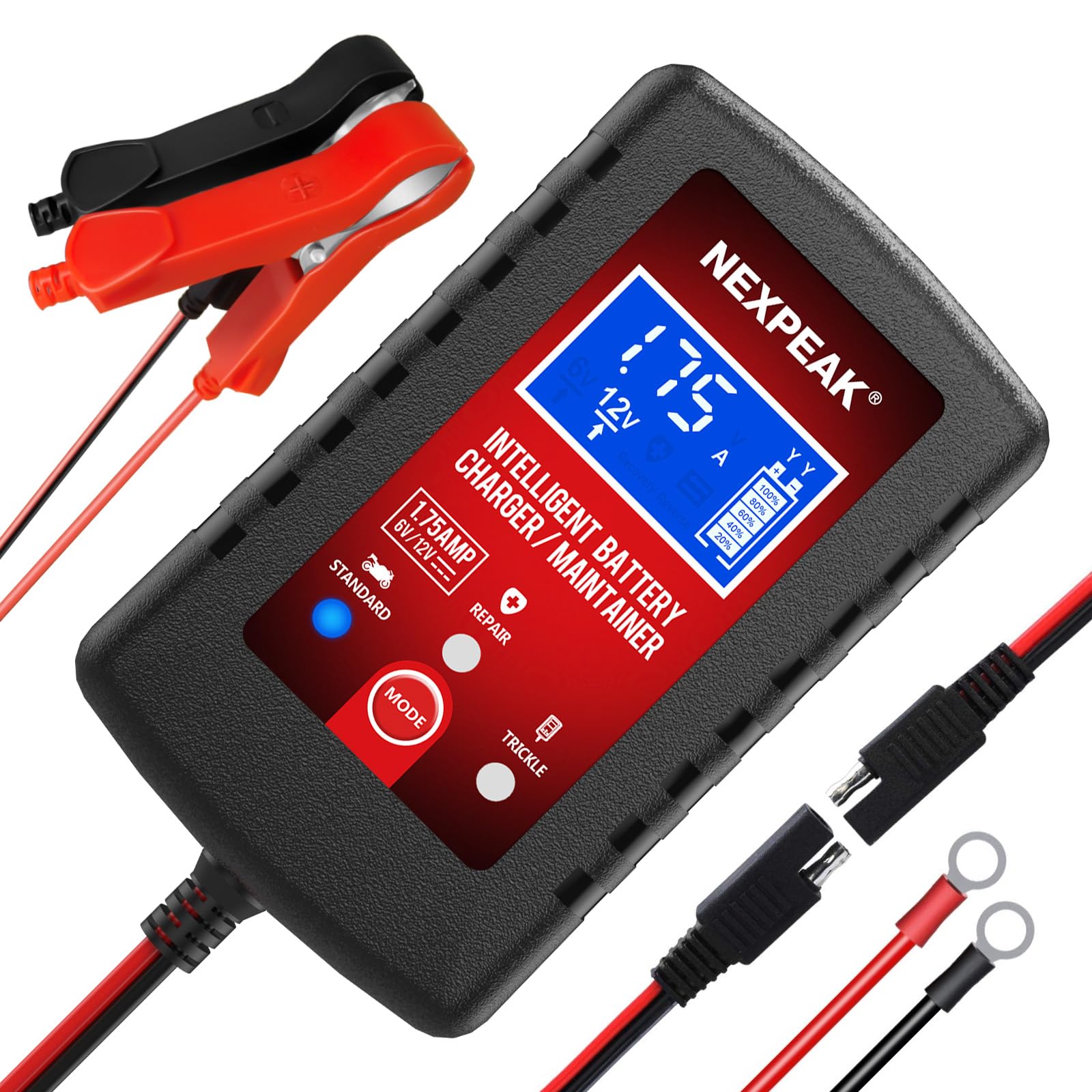 Chargeur de Batterie de Voiture 1,75 A, 6 V et 12 V, Chargeur de Batterie Intelligent entièrement Automatique, Chargeur d'entretien, désulfateur de Batterie pour Voiture, Tondeuse à Gazon, Moto